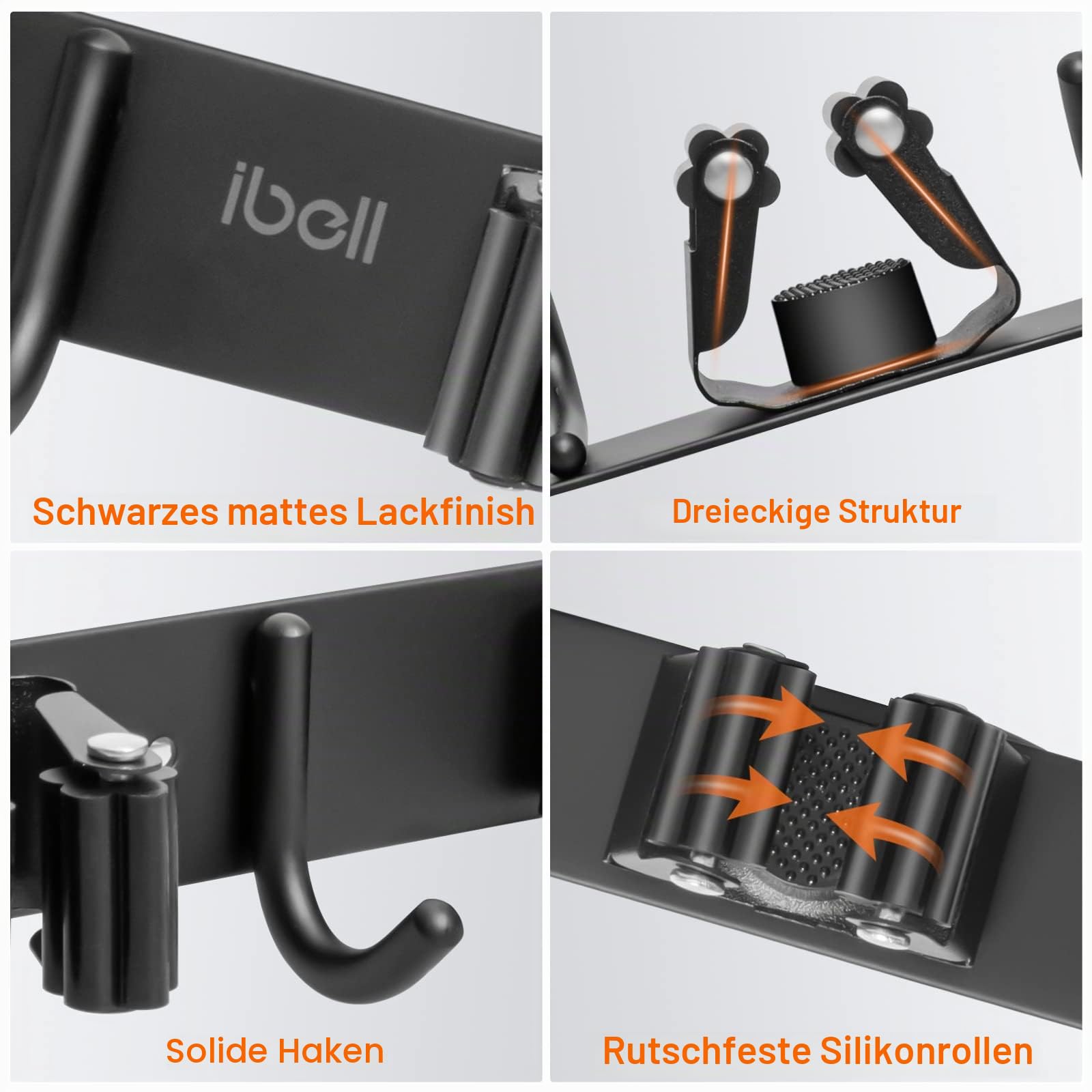ibell 2 Stück Besenhalterung Wand, 8 Halter + 10 Haken Gerätehalter Edelstahl Wandhaken Selbstklebend, Besenhalter Wandhalterung Gartengerätehalter mit Schrauben, Schwarz Werkzeughalter für Garage