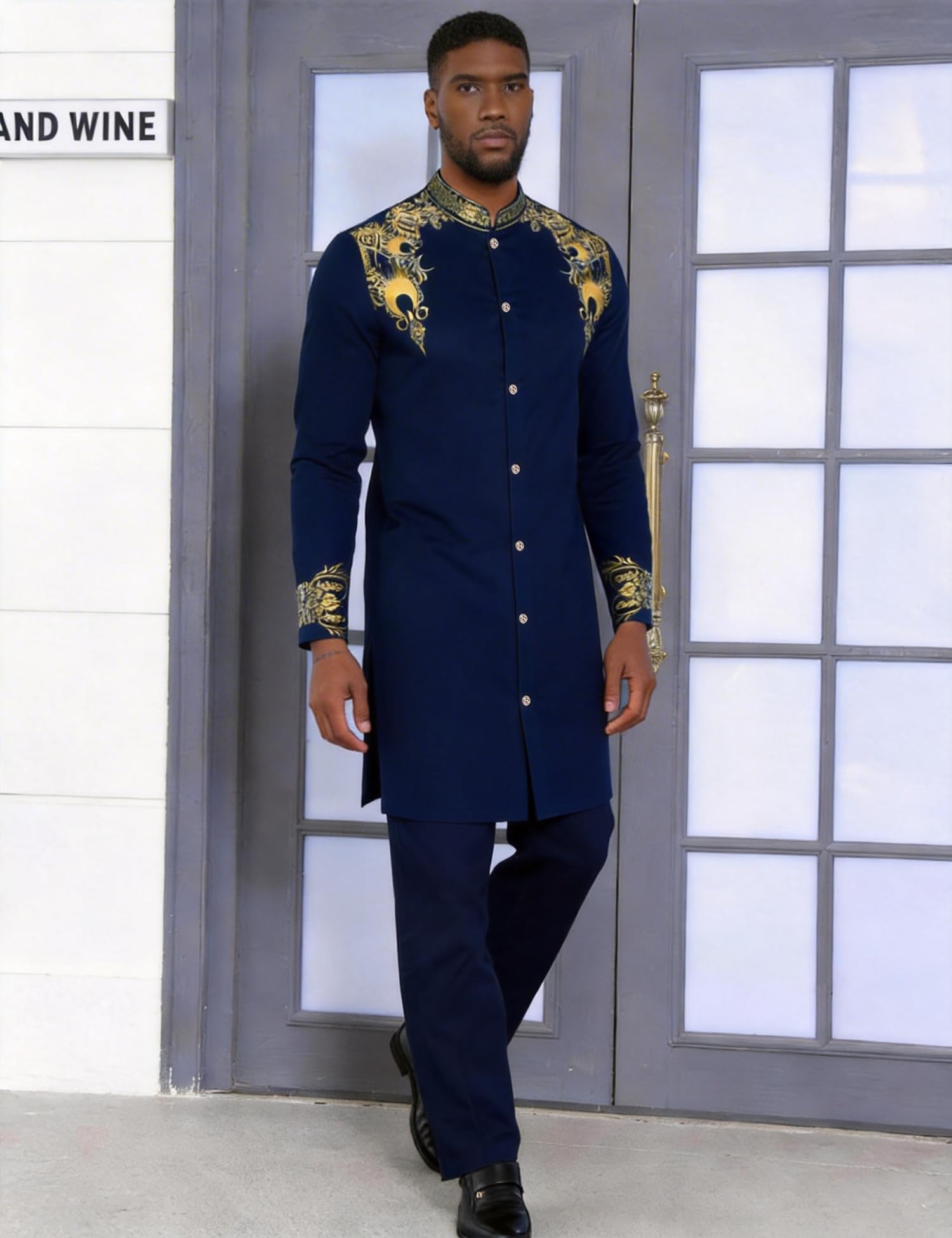 Langes afrikanisches Herren-Set, nigerianisches Dashiki, traditioneller Anzug, Goldstempel, bedrucktes Hemd und Hose, 2-teiliges Set