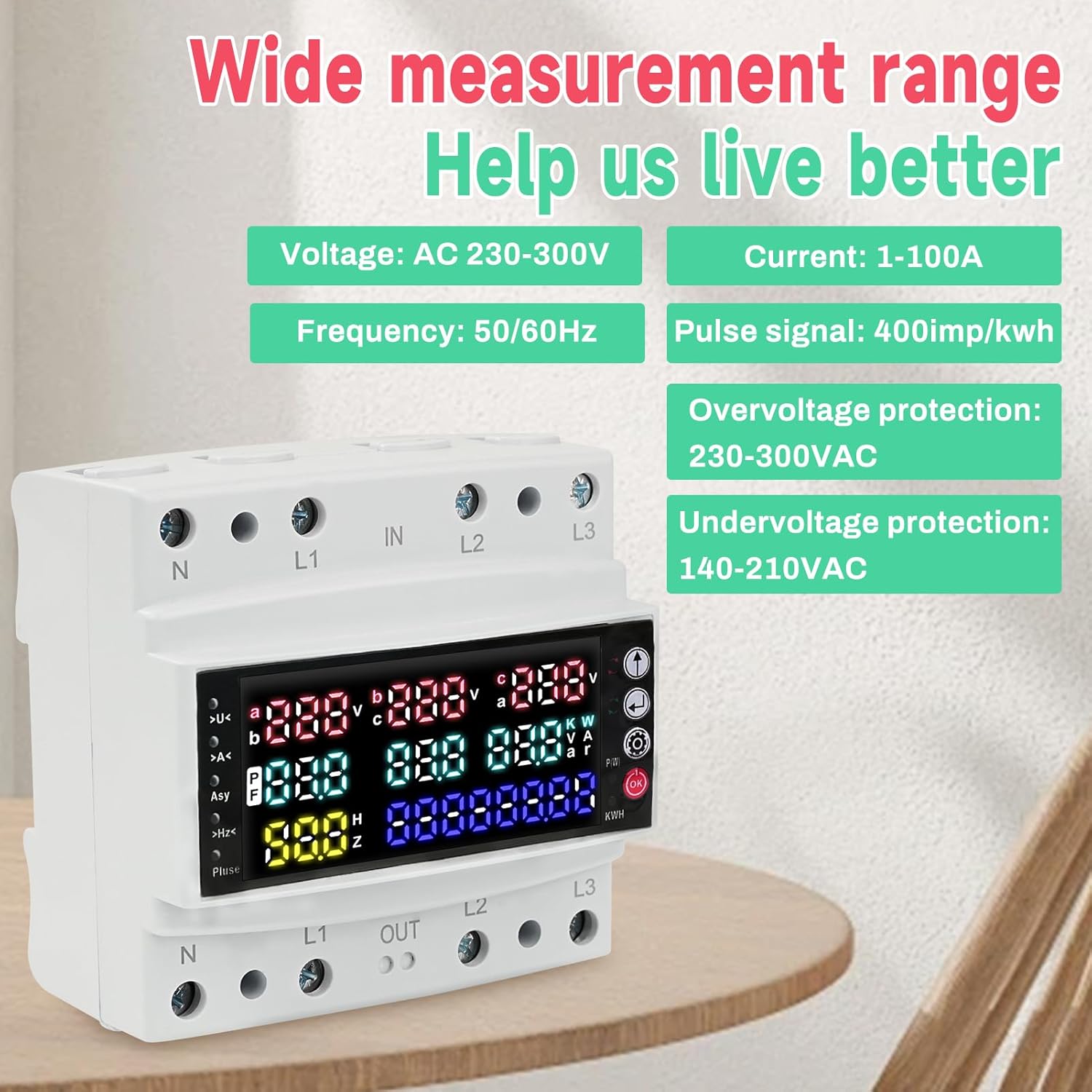 Riepilogo dell'ampio intervallo di misurazione per DewinLVD LSXDB030, incluso il volumetage, corrente, frequenza, segnale di impulso, sovratensionetage e sottovolttaglimiti di protezione e