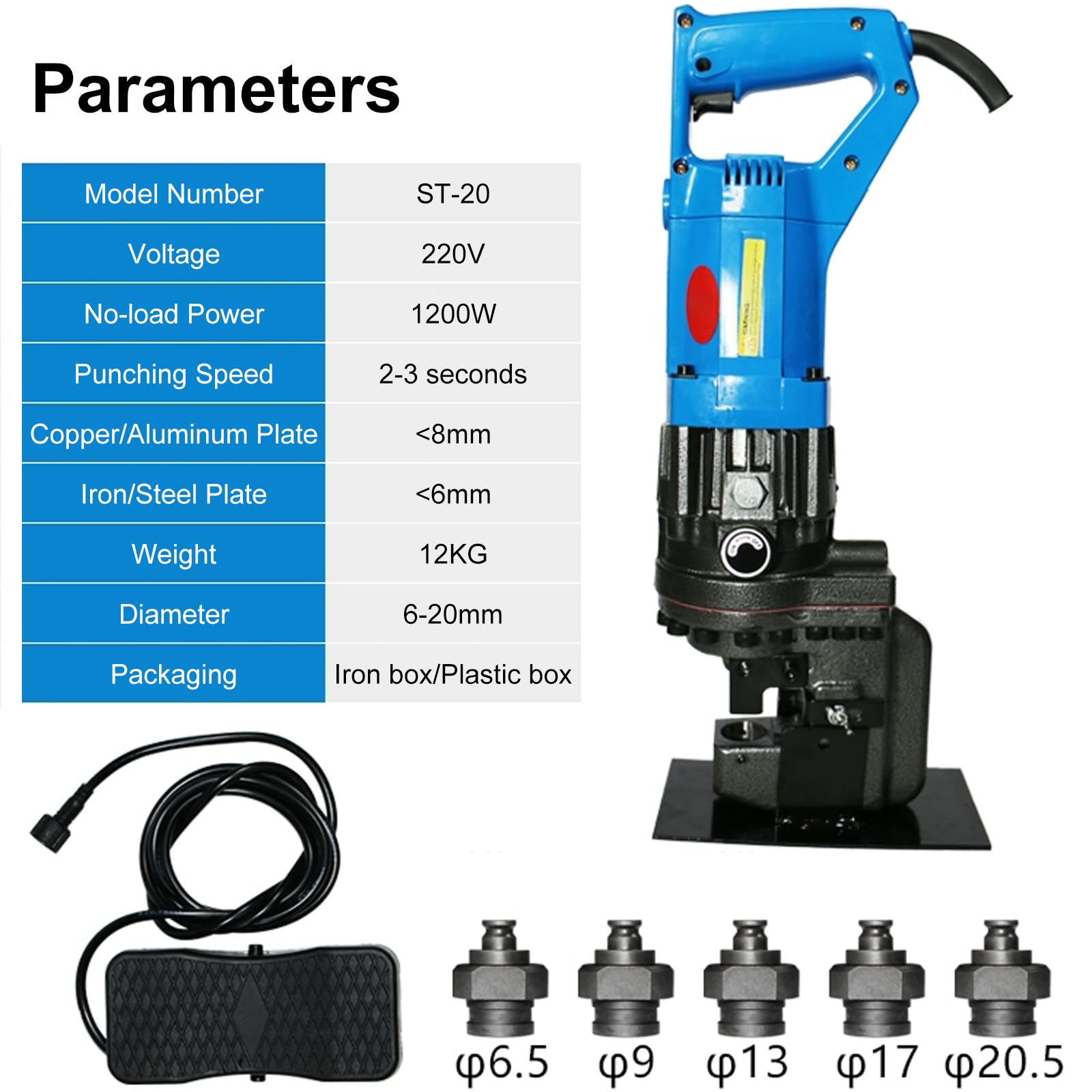 Punzonadora Profesional De 10 T, Herramienta De Punzonado EléCtrica HidráUlica De 1200 W, Ajustable con 5 Matrices para Aluminio, Cobre Y Hierro WithFootSwitch