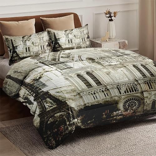 Miniatura 4 de Juego de edredón tamaño King, juego de ropa de cama suave de torre retro vintage de París para niños y adultos, juego de edredón gótico francés