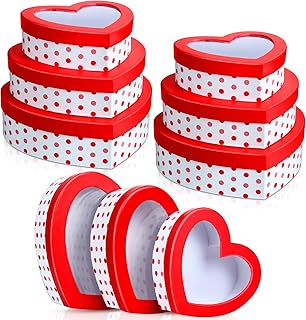 9 Pieces Heart Shaped Gift Boxes with Transparent Window Red Heart Dot Flower Boxes Cardboard Floral Gift Goody Box for Holiday Decorative Present Wrapping Packaging, 3 Sizes