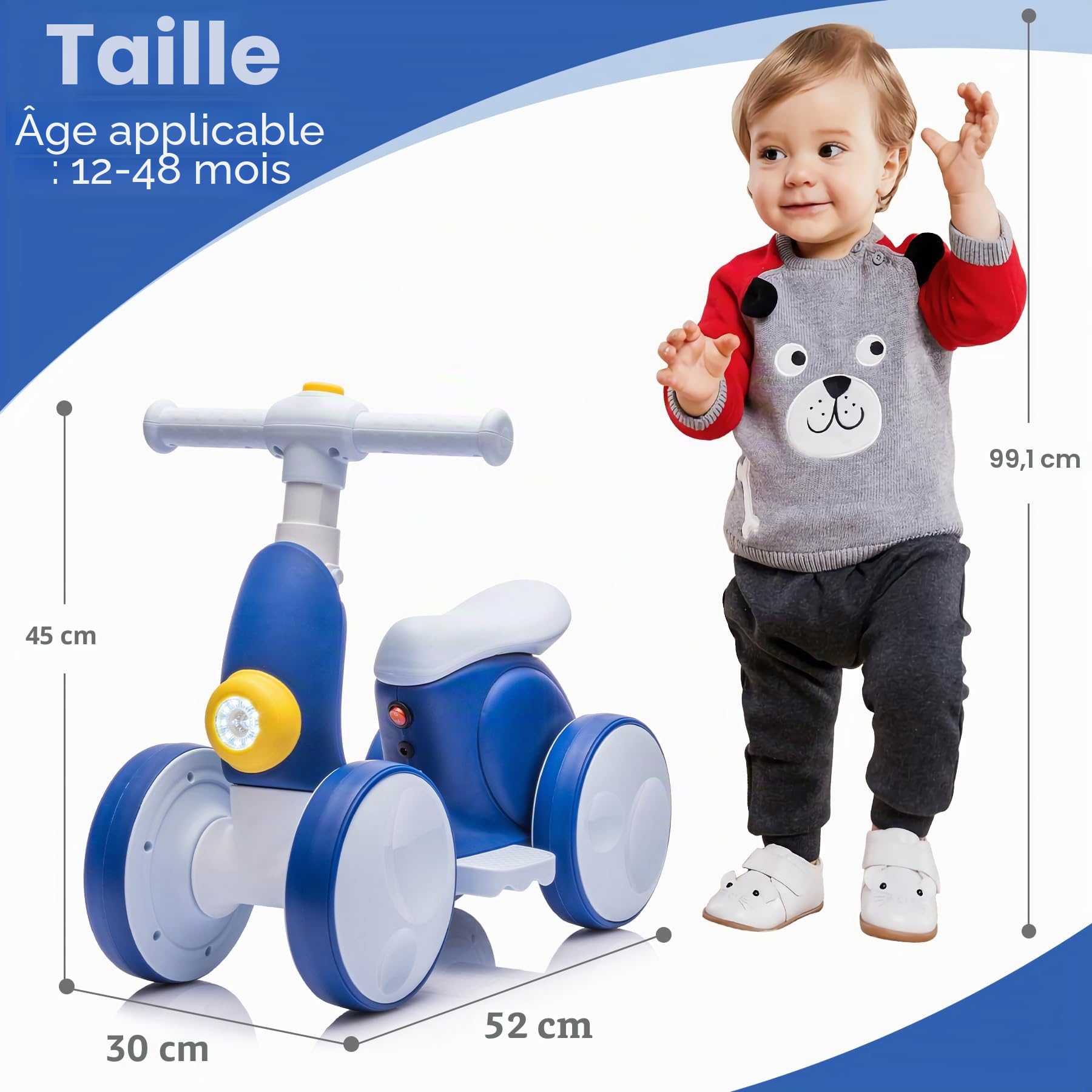 Draisienne Bebe Électrique avec Machine à Bulles pour 1.5-4 Ans, Vélo d'équilibre pour Garçons et Filles avec Musique, Lumières LED, Cadeau pour Anniversaire, Noël, Bleu-Blanc