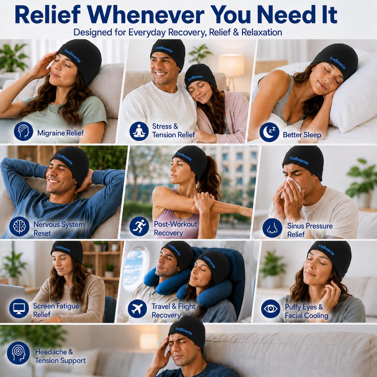 ICE BEANIE Migräne Kopfschmerzen Relief Cap, Hot & Cold Therapy Head Wrap, Schwarz, Gel, One Size, Therapeutic