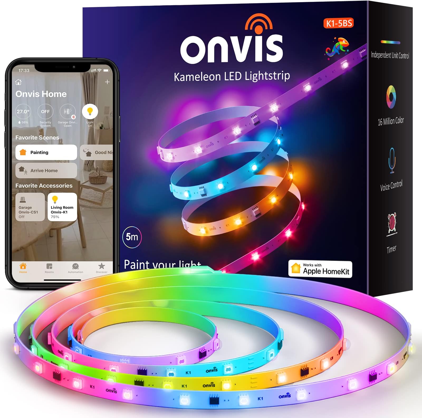 LED Strip 5m, RGBIC Wi-Fi Lightstrip Work with Apple HomeKit, Siri, Gmentable Colour Changing, Music Sync, Timing Smart LED Light Strip for TV, Kitchen, Bedroom, No Hub Required, iOS Only