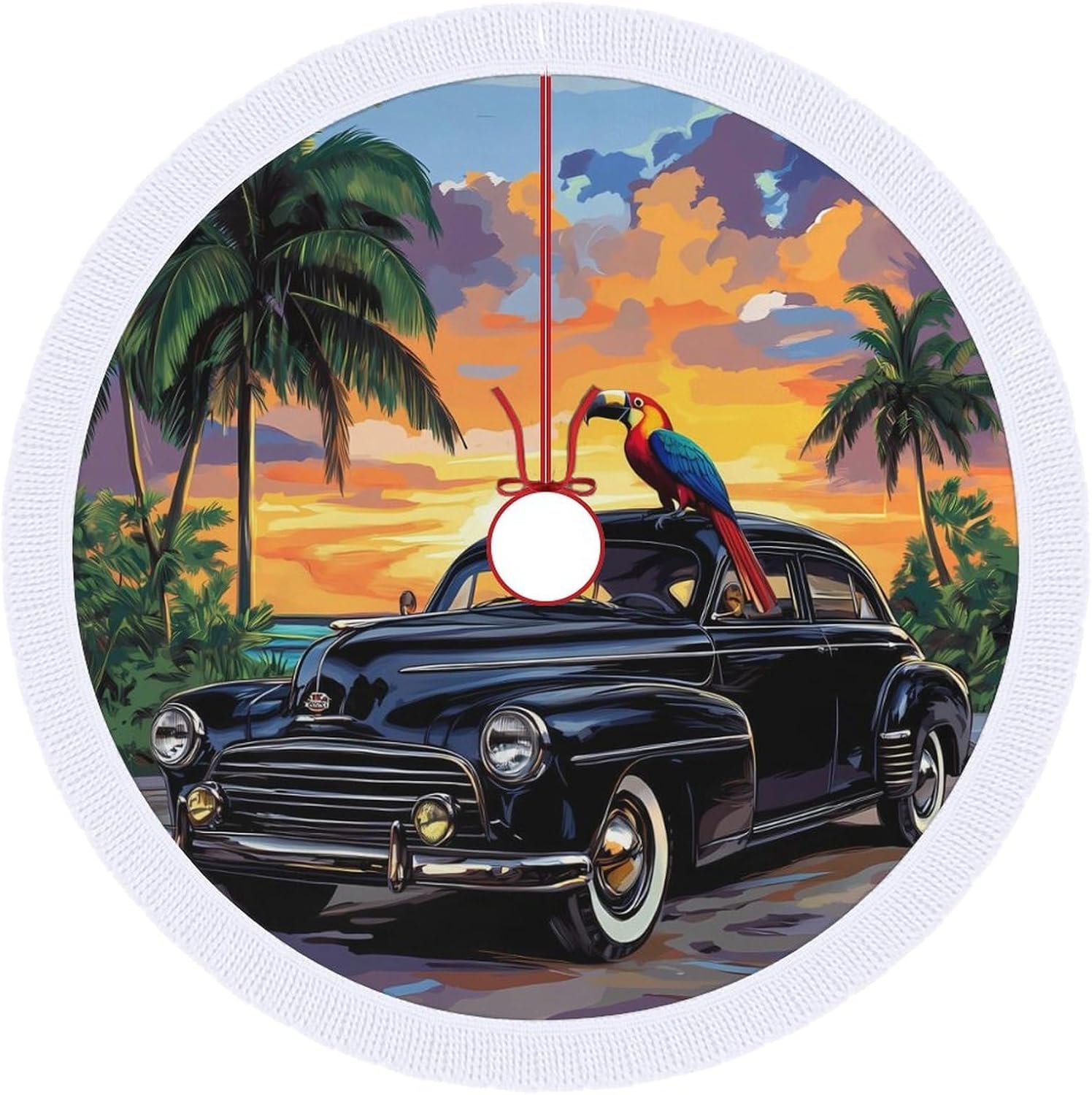 Tropical Toucancar Christmas Tree Skirt Round Xmas Tree Mat Ornaments Tree Skirts with Tassels for Holiday Party