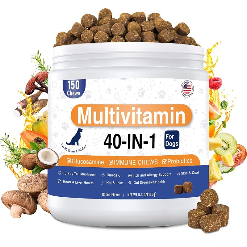 Multivitamínico para Cães com Glucosamina, Probióticos e Ômega 3 EufoAi Sabor Bacon – 150 Unidades
