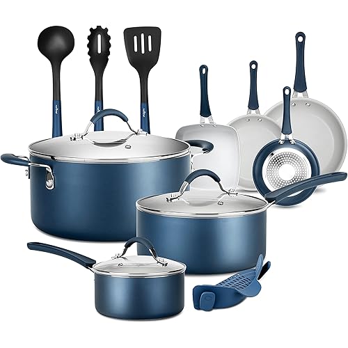 NutriChef 14-Piece Nonstick Cookware Free Heat Resistant Lacquer Kitchen Ware Set w/Saucepan, Frying Pans, Cooking, Dutch Oven Pot, Lids, Utensils, Brown NCCW14SBLU, Blue