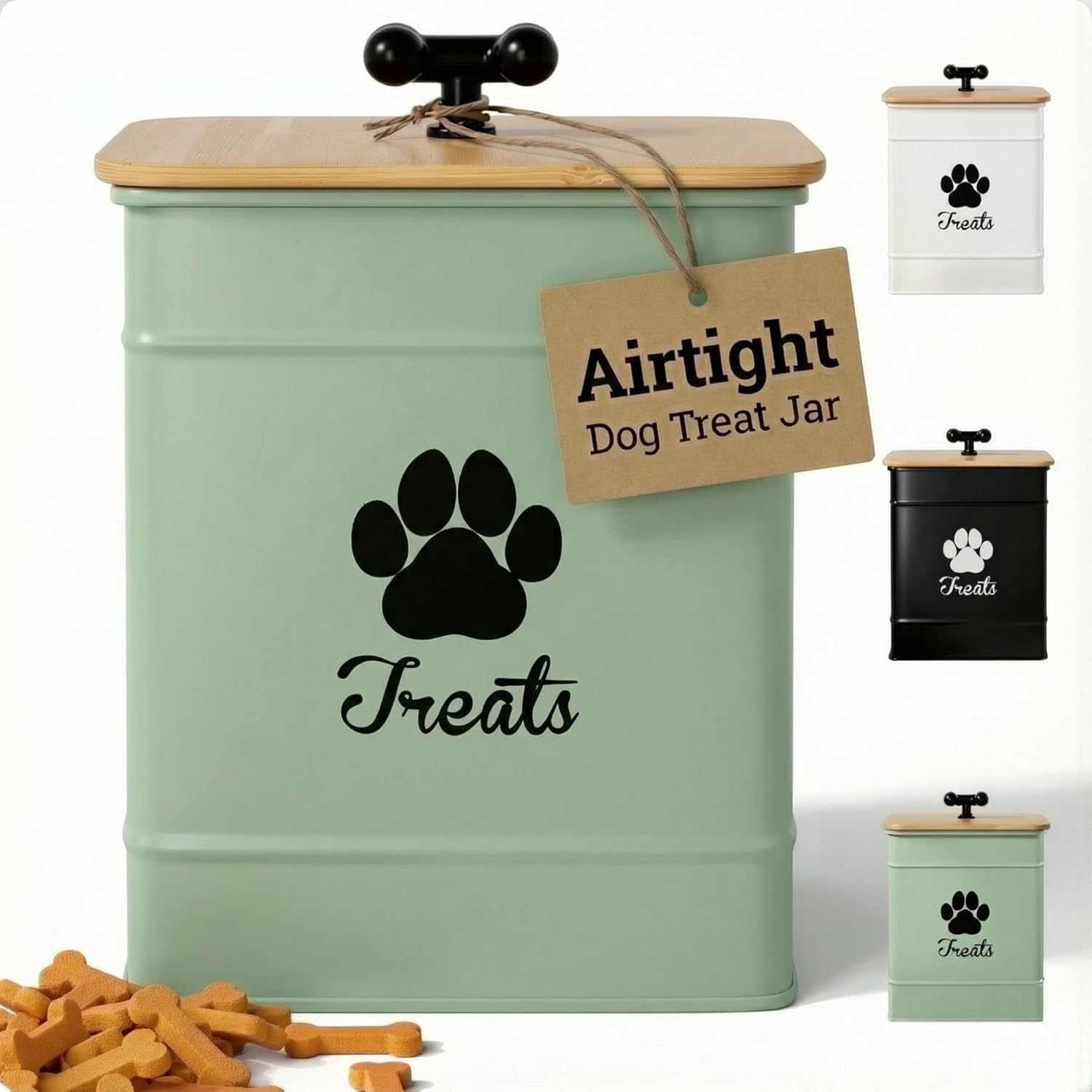 HBDesignCo Sage Green Airtight Dog Treat Jar - 12 Cup Iron Canister with Bamboo Lid, 8x6 Inch Kitchen Counter Pet Treat Container