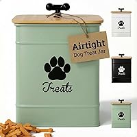 HBDesignCo Sage Green Airtight Dog Treat Jar - 12 Cup Iron Canister with Bamboo Lid, 8x6 Inch Kitchen Counter Pet Treat Container