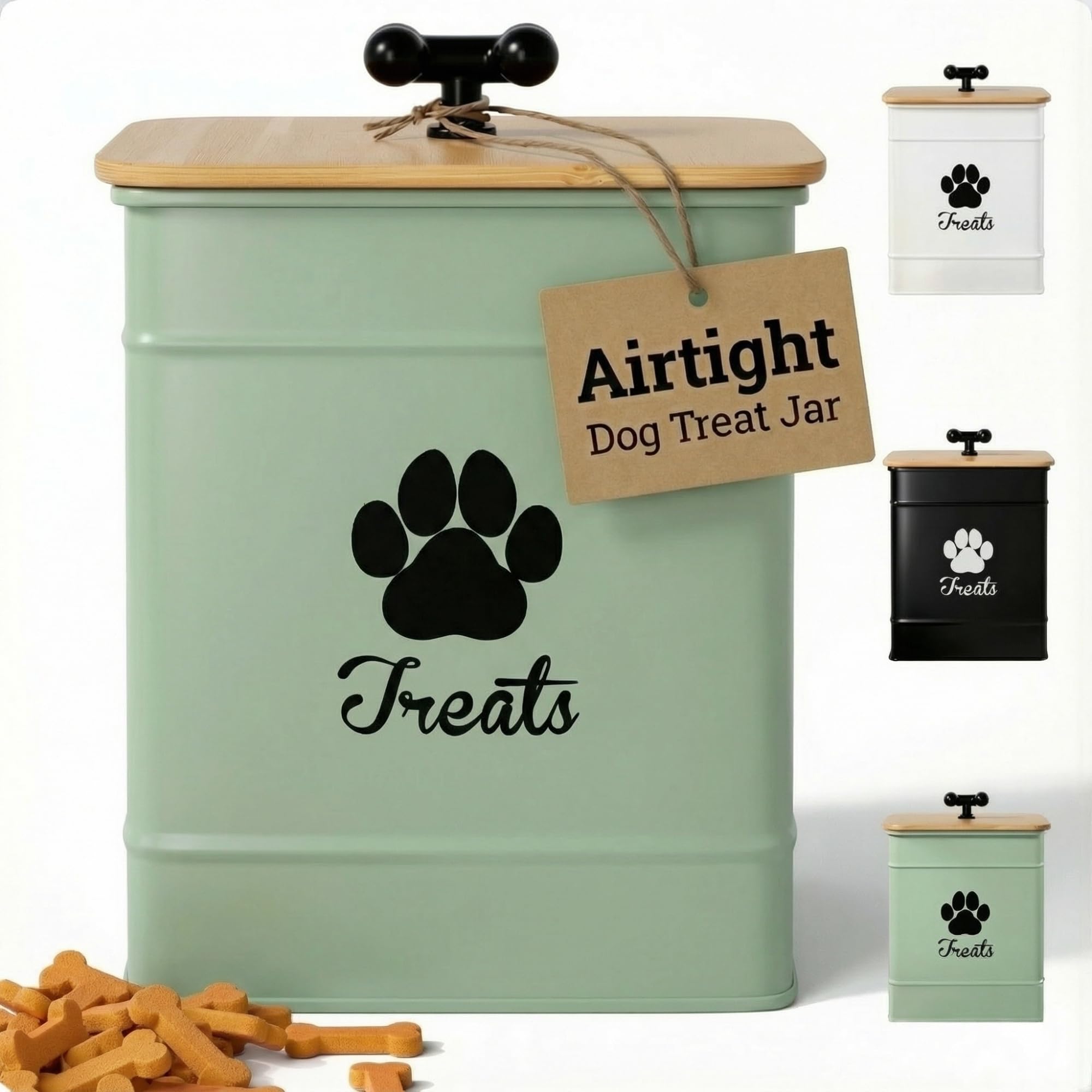 Dog Treat Container Airtight - 6 Inch Wide x 8 Inch Tall Iron Dog Treat Jar for Kitchen Counter with Airtight Bamboo Lid - 12 Cup Capacity Pet Treat Container - Doggie Cookie Jar - Big Treats Canister