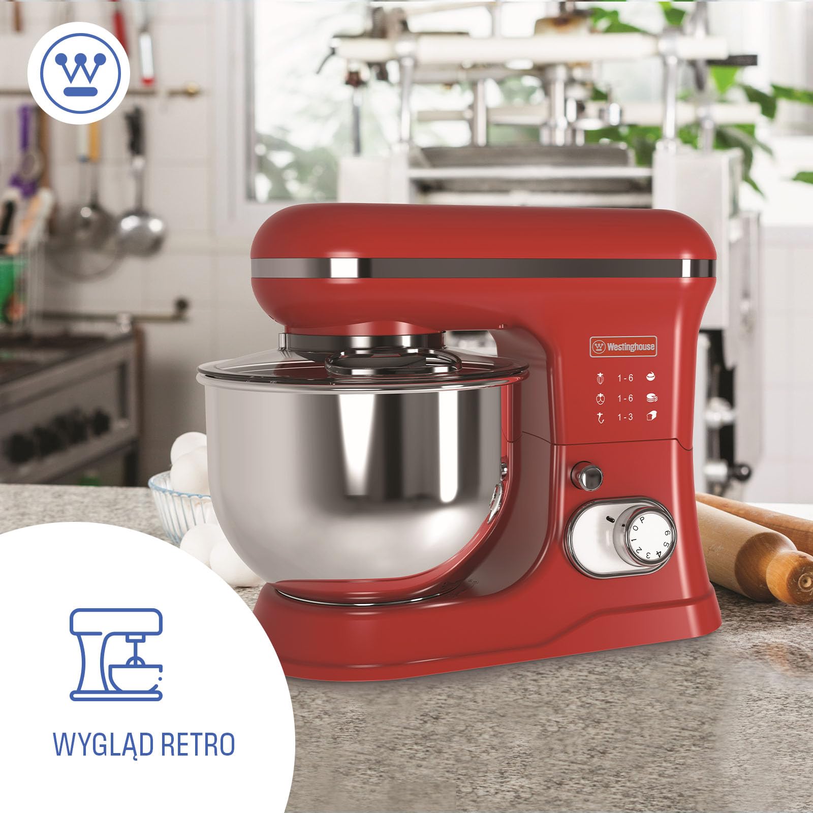 Westinghouse Retro Mikser stojący – 1200 W – Robot kuchenny 5 l Miska miksująca – Robot kuchenny – Mikser kuchenny – Robot kuchenny – Czerwony