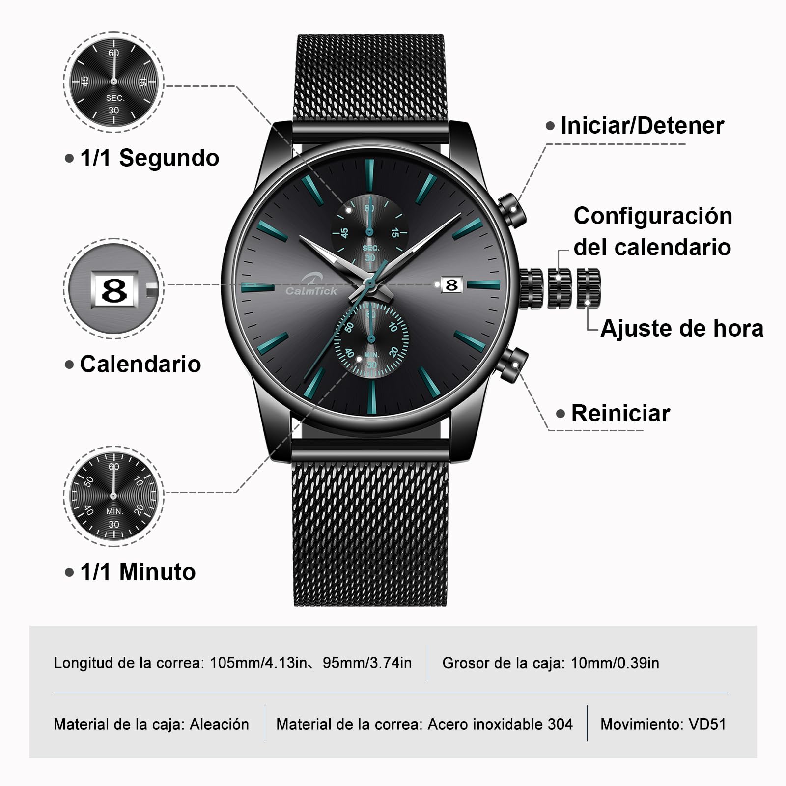Orologio al quarzo da uomo, lancette luminose, indicatore della data, quadrante cronografo, resistenza all'acqua 30 m, movimento giapponese VD51, orologio classico casual business