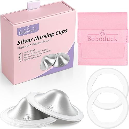 Boboduck The Original Silver Nursing Cups - Cubiertas de plata 925 para pezones y lactancia materna, protegen y alivian los pezones doloridos,