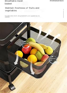 Rotating Storage Rack with Lockable Casters & Stainless Steel Removable Storage Basket Fruit and Vegetable Storage Rack for Kitchen Bathroom Storage Basket Rack Bedroom (Black, 3 Tier)