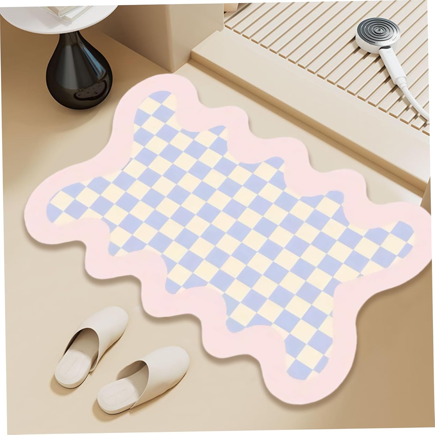 Girls Checkered Rug, 2.6 * 3.9ft Carpet Printed with Purple White Checkerboard Patterns, Large Area Non-Slip Special-Shaped Wavy Floor Mats A Modern Simple Decorative, Girls Bedroom Rug