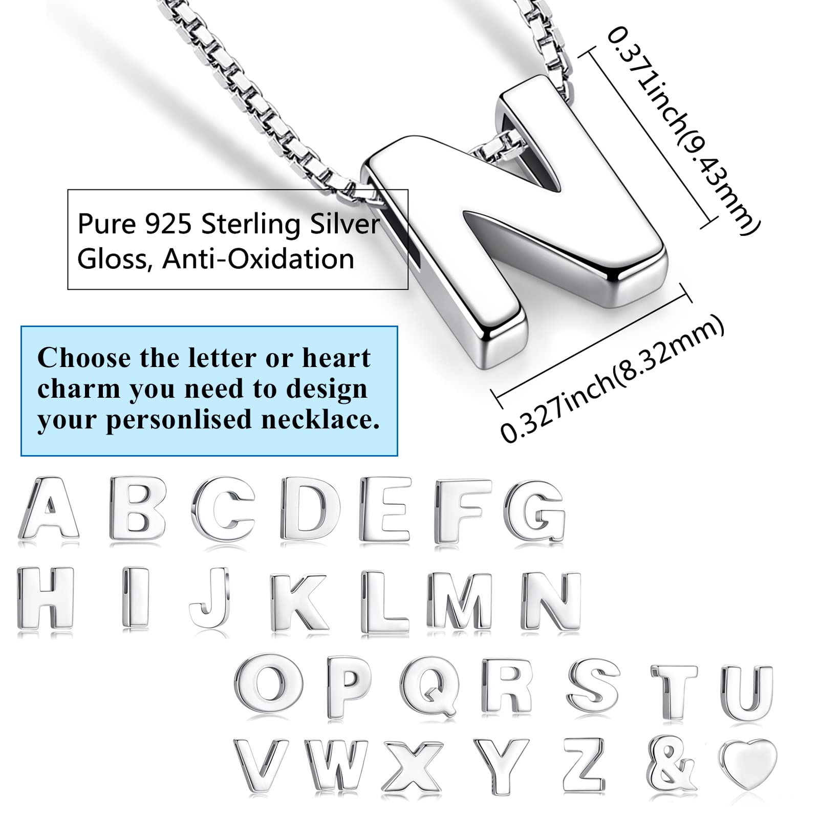 Ciondolo con Iniziale Argento 925 Amore Cuore Simboli & Pendente Personalizzata Alfabeto Nome A-Z Collana Piccolo Catena Donna Uomo