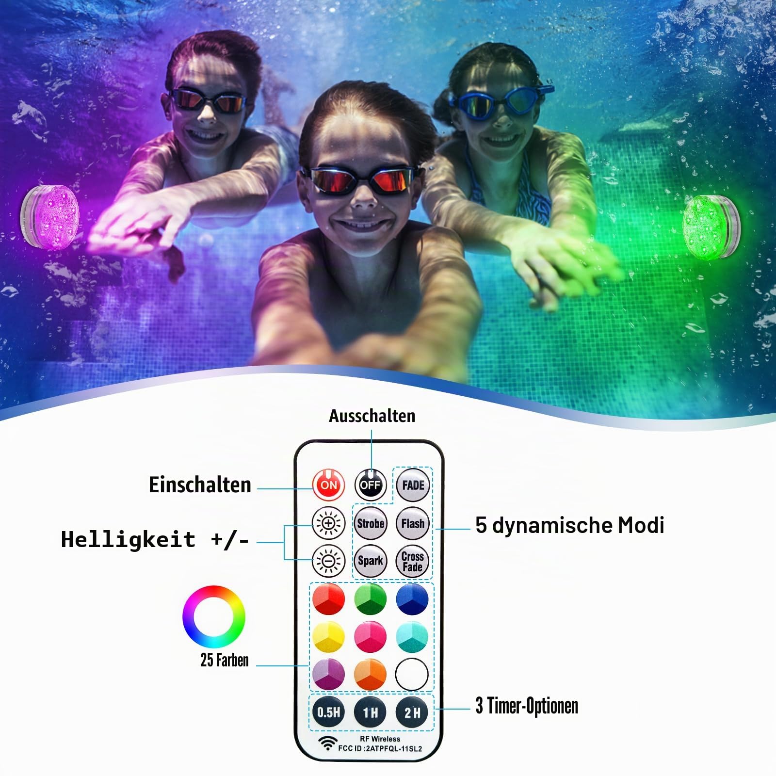 Qoolife USB Wiederaufladbares Unterwasserlicht Funksignal WRGB 3.3" Magnetische bunte LED-Tauchleuchten für Badewanne, Aquarium, Pool, Teich, Dekor, Spa, Weihnachten -2 Stück