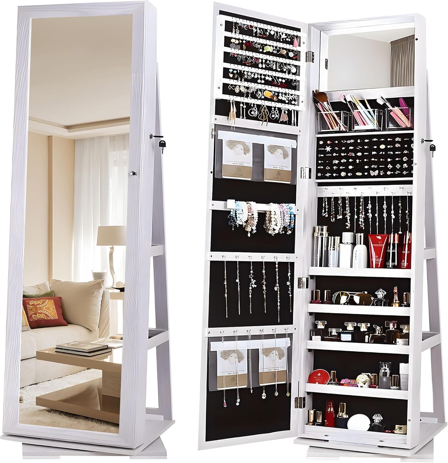sogesfurniture Armoire à Bijoux sur Pied, Armoire de Rangement cosmétiques avec Miroir Plein Longueur et Étagères Arrières, Rangement Bijoux Verrouillable, Pivotante à 360°, Blanc
