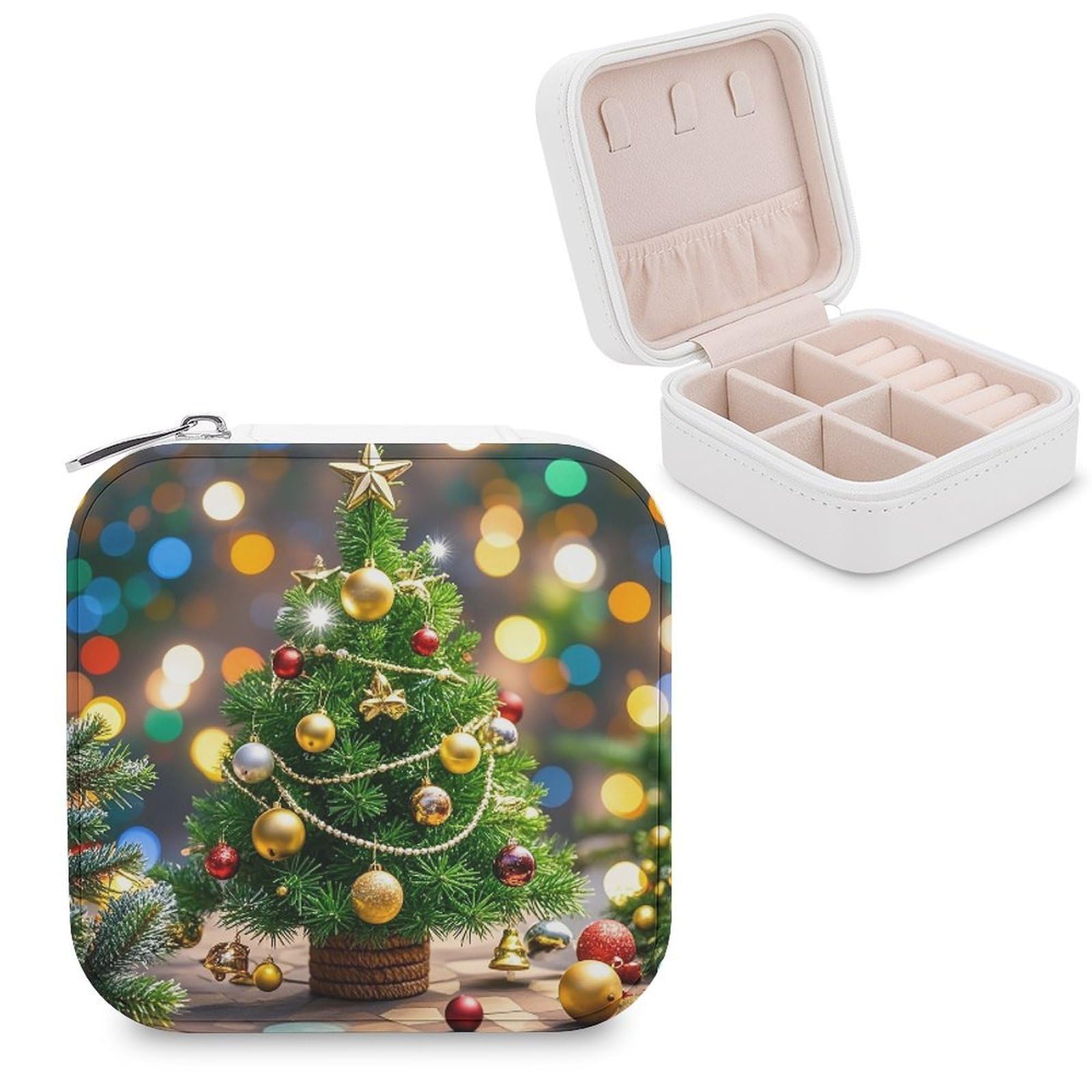 FekiLoot Christmas Tree And Bells Jewelry Case Personalized Leather Jewelry Box Mini Travel Jewelry Case Small Portable Jewelry Organizer for Ring Earrings Necklace Bracelet