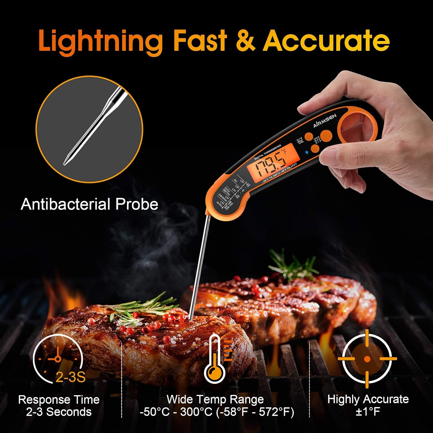AIRMSEN Digital Instant Read Meat Thermometer for Grilling and Cooking, Fast Precise IP67 Waterproof Food Thermometer with Backlight & Calibration for Kitchen Oil Deep Fry BBQ Thermometer
