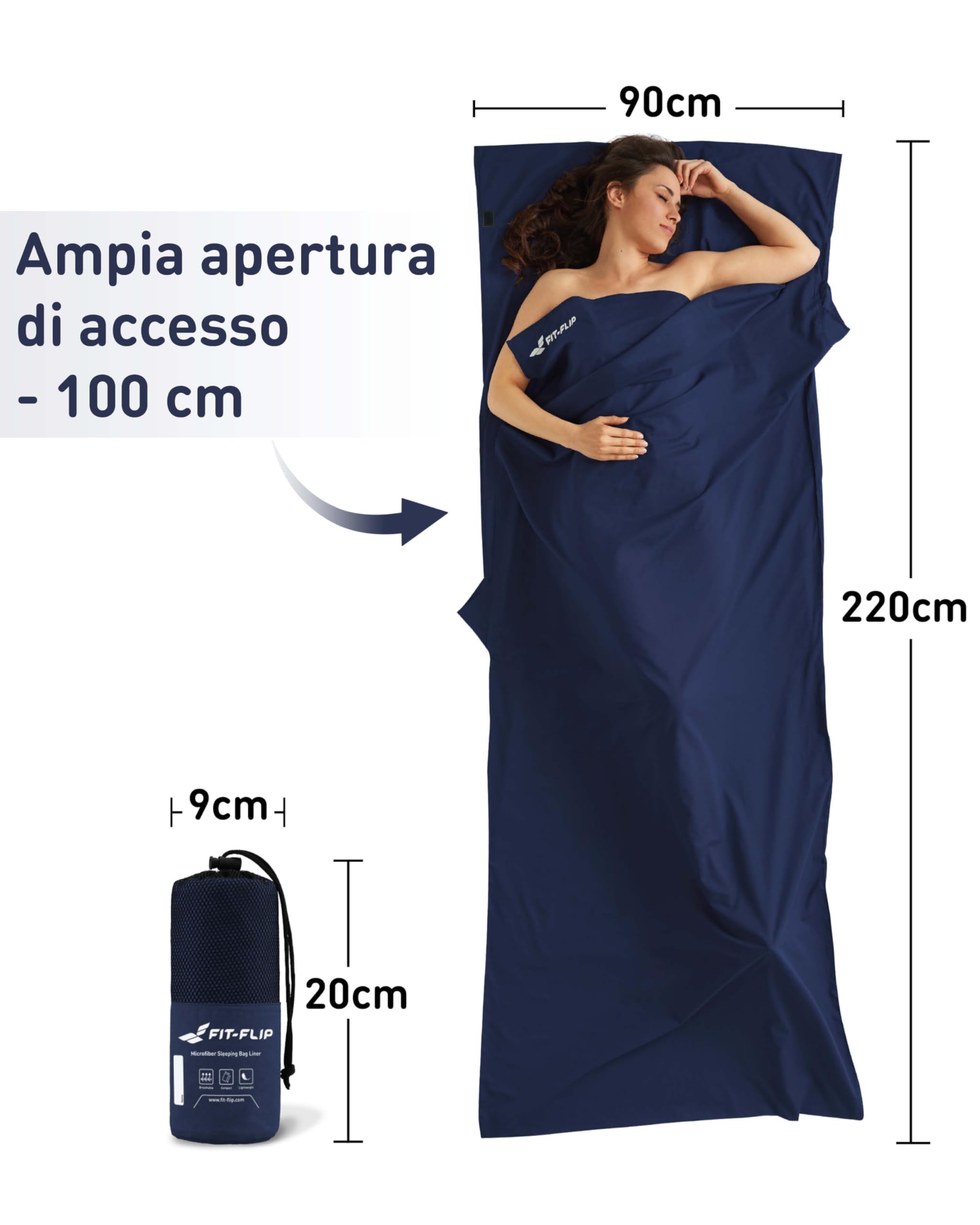 Fit-Flip Sacco Lenzuolo da Viaggio - 100% Cotone o Microfibra - Sacco a pelo con scomparto per cuscino - Sacco Letto singolo ultraleggero e compatto - Sacco a Pelo leggero Estivo
