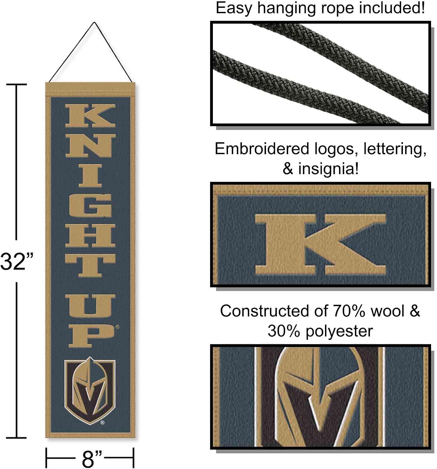 WinCraft Vegas Golden Knights Knight Up 8x32 Inch Vertical Wool Embroidered Hanging Banner