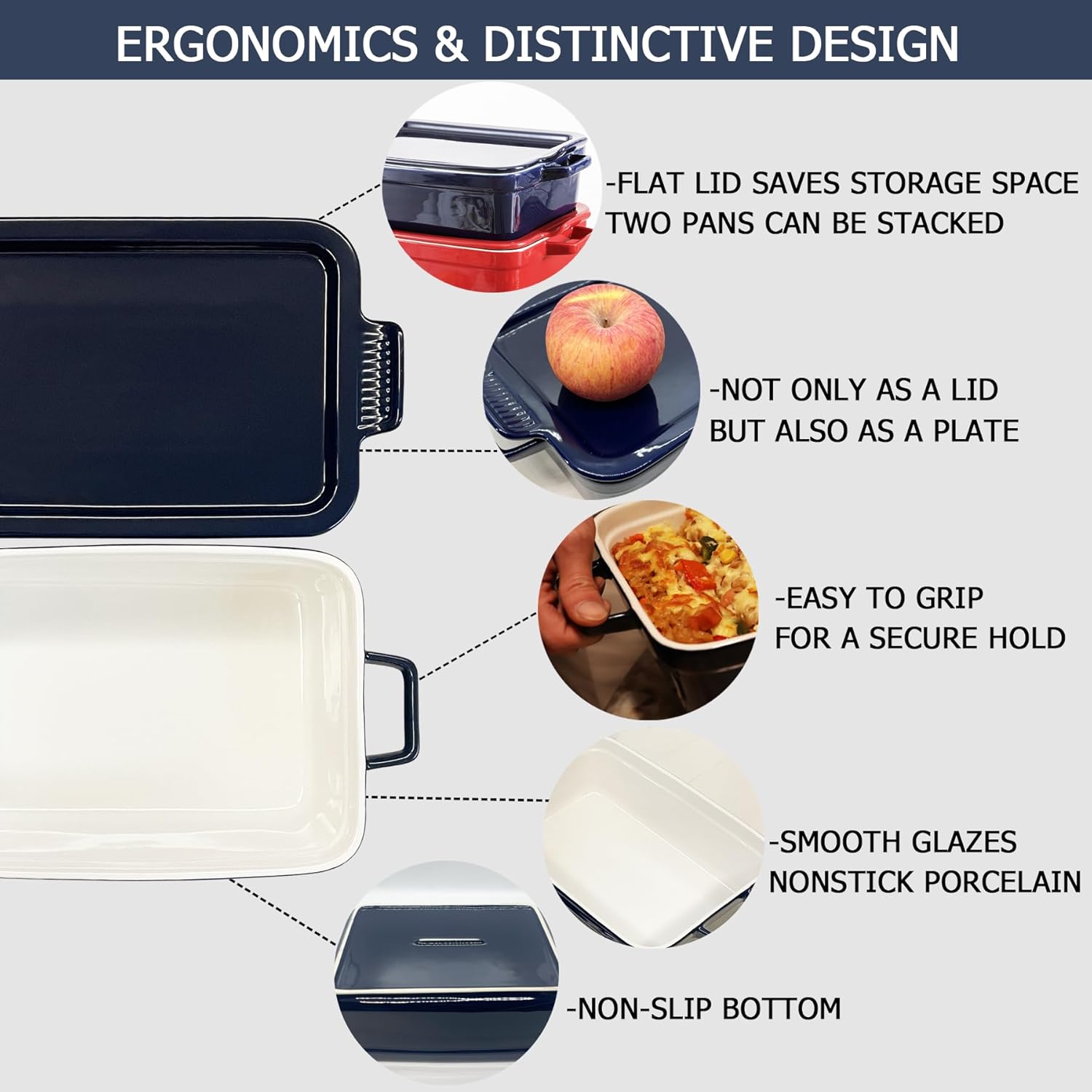 Baking Pan with Handles, Lasagna Pan Deep for Oven, Ceramic Casserole Baking Dish with Lid for Dinner, Banquet, and Party (navy blue(3.1 Quarts))