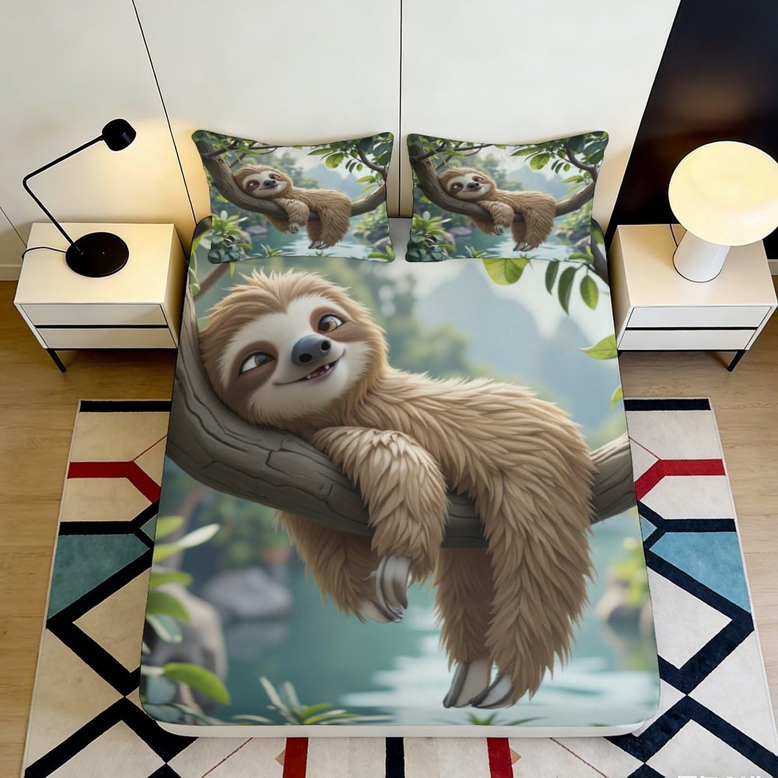 Pnayamiorkfel Style-1 3D Printed Cartoon Sloth Fitted Sheet Microfiber Soft Breathable Forest Tree Mattress Cover For Bedroom Guest Room Decor 90X200x25cm