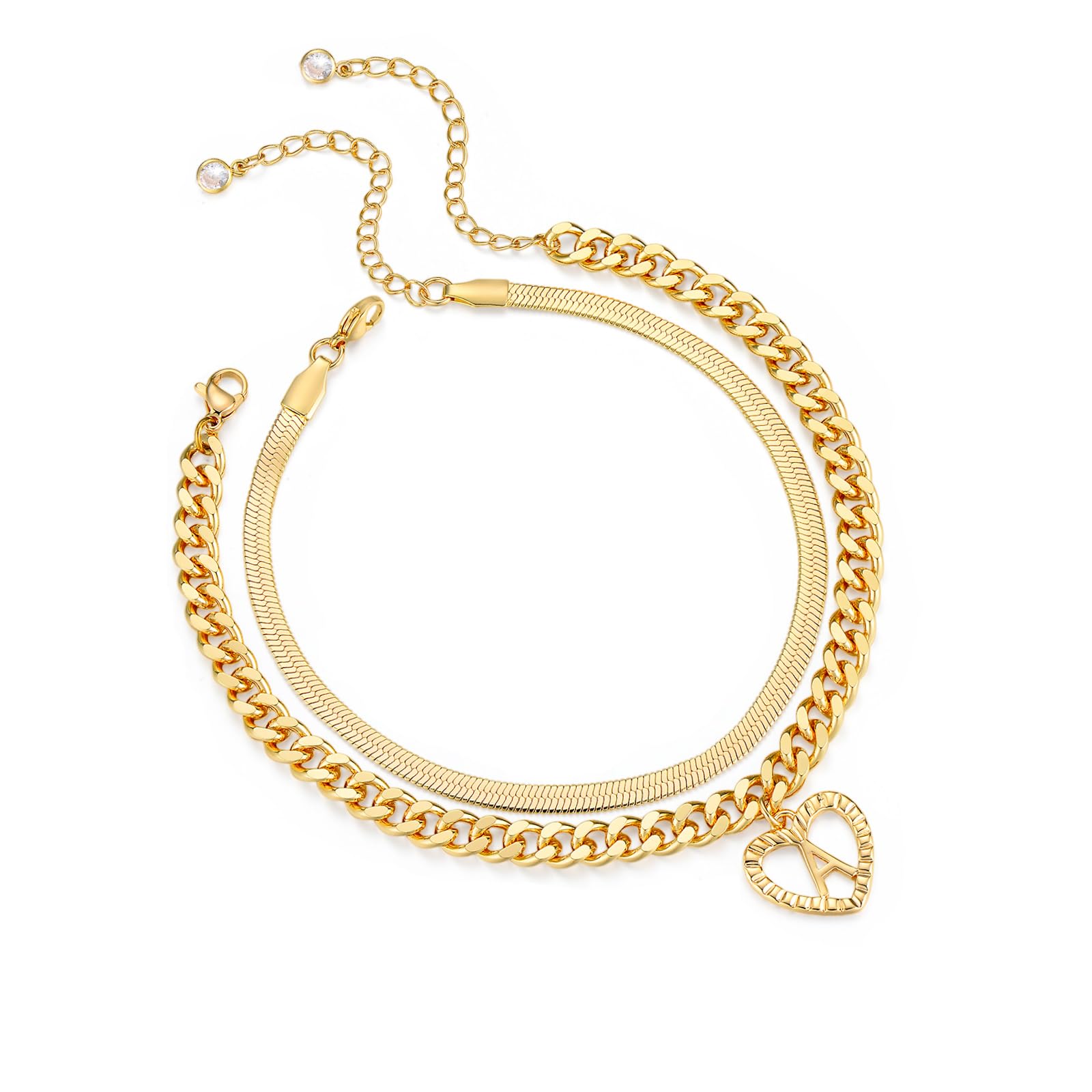 ABDOTGold Initial Ankle Bracelets for Women 14K Gold Plated Anklets for Women Waterproof Stackable Snake Cuban Chains Women's Anklets Heart Initial Anklets for Women Teen Girls