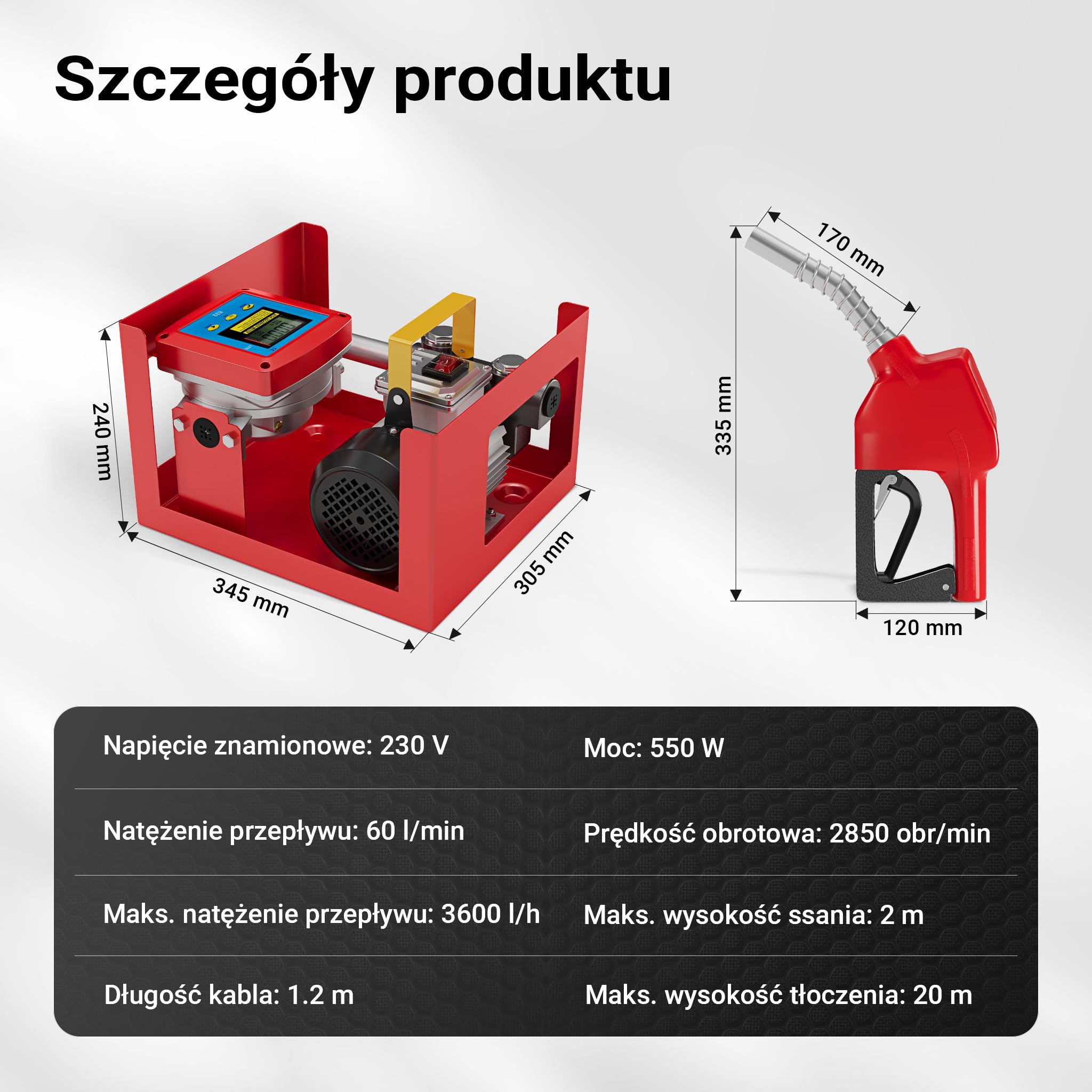Wiltec Pompa do oleju napędowego i opałowego 550 W 60 l/min, samozasysająca z wbudowanym licznikiem cyfrowym, wężami i pistoletem