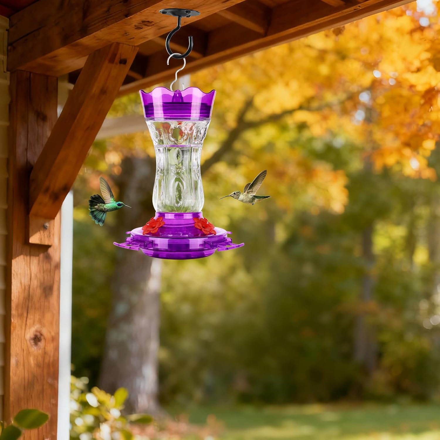 2 Pack Hummingbird Feeders for Outdoors, Built-in Ant Moat & Leakproof, XAROO Glass Hummingbird Feeder with 4 Bee Guard Feeding Ports, Outdoor Garden Décor, 15OZ, Purple