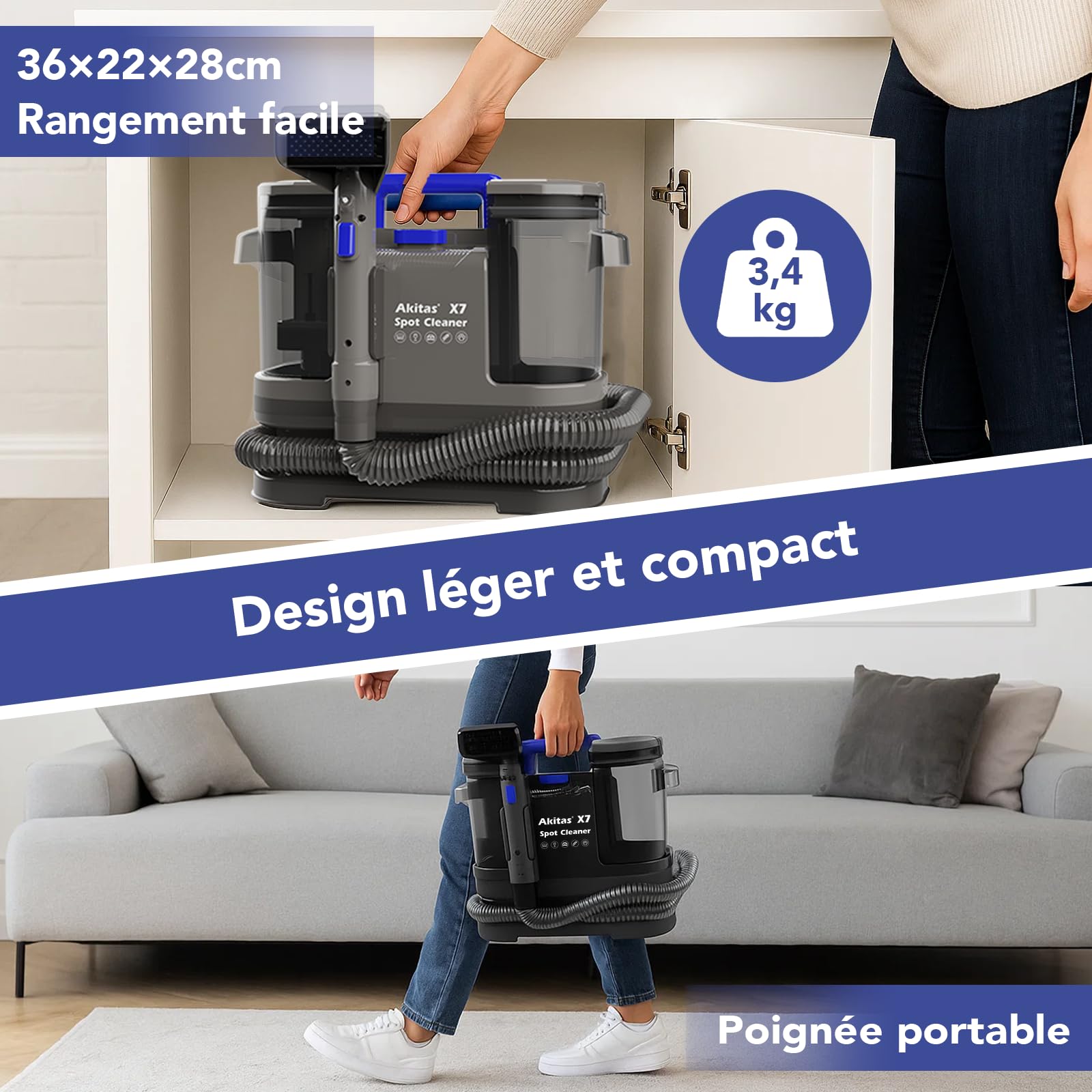Akitas X7 600W Shampouineuse Canapé avec Fonction Autonettoyante, Aspiration 14kPa, Poils d’Animaux, Nettoyeur Tapis, Matelas, Voiture, Réservoir Double