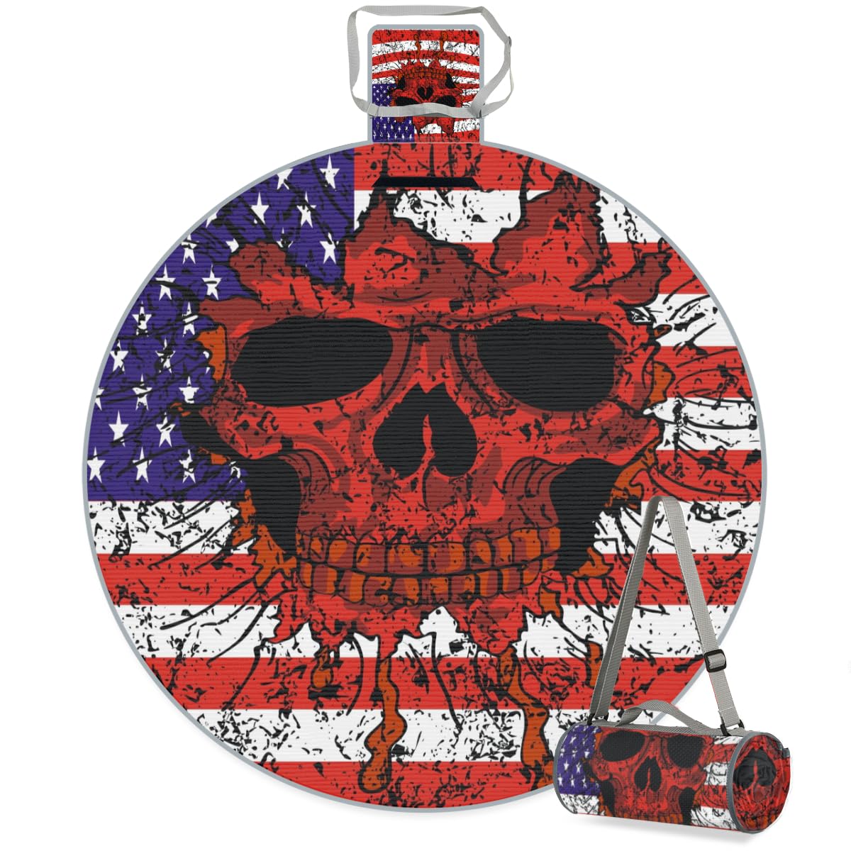 Shimoshe American Flag Skull Picnic Outdoor Blanket Foldable Waterproof Sandproof Beach Blanket Portable Water-Resistant Round Picnic Mat for Travel Camping Park Lawn