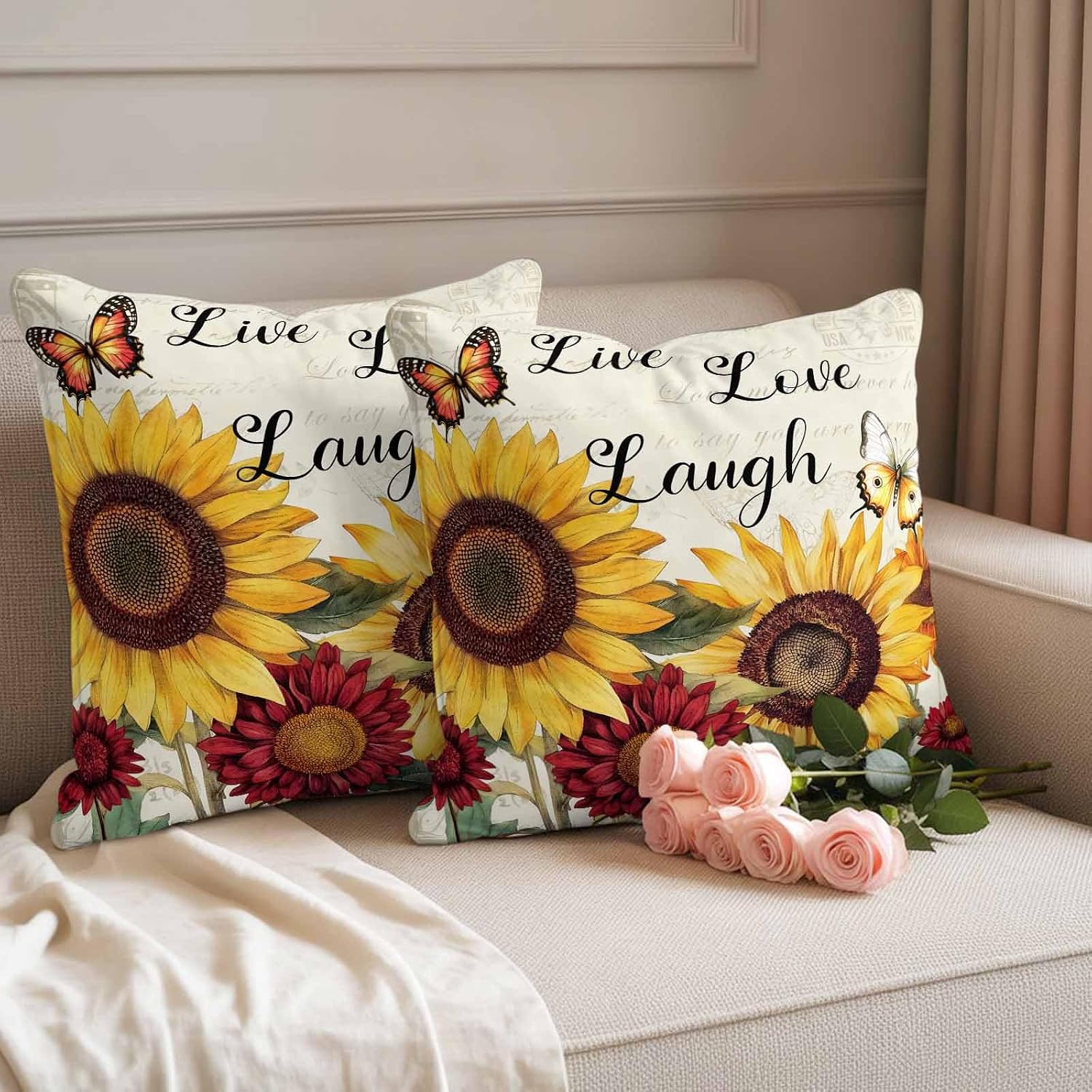 Sunflower Butterfly Outdoor Waterproof Throw Pillow Covers Set of 2, 20"x20", Yellow Red Floral Live Love Laugh Decorative Pillow Covers Outside Cushion Case for Patio Porch Garden