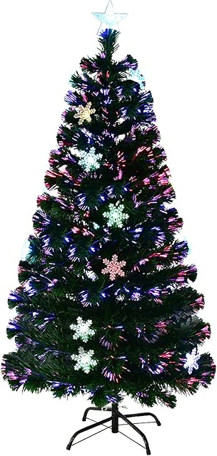 GYMAX 4FT/5FT/6FT/7FT Fiber Optic Christmas Tree, Green Artificial Xmas Tree with Flashing Top Star and Snowflake, Holiday Decoration (5 FT)