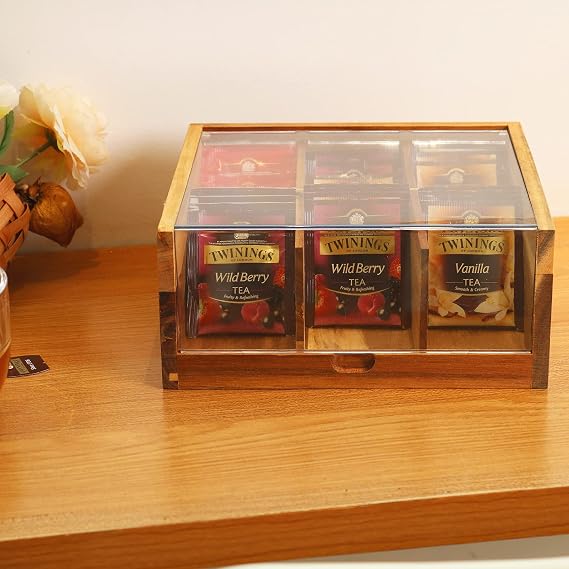 HTB Acacia Wood Small 3 Compartments & 6 Compartments Tea Bag Organizer
