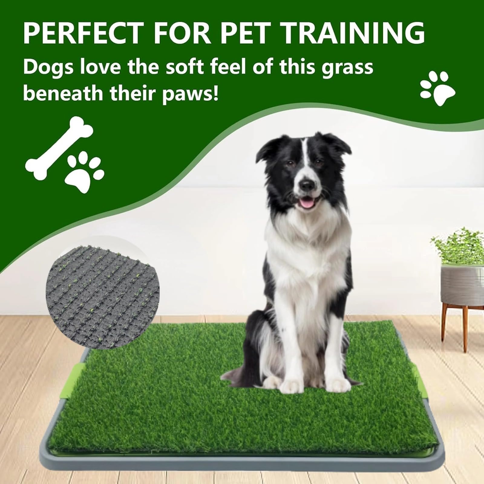 Tapis d'herbe pour chien avec plateau, tapis d'herbe de rechange pour pot pour animal domestique intérieur/extérieur, tapis d'entraînement à la propreté portable, fausse herbe réutilisable pour