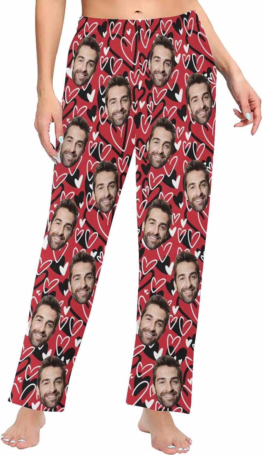 Personalized Photo Face Pajama Pants for Women Ultra-Soft Wide Leg Sleepwear Pants for Christmas Valentine Gift XS-2XL