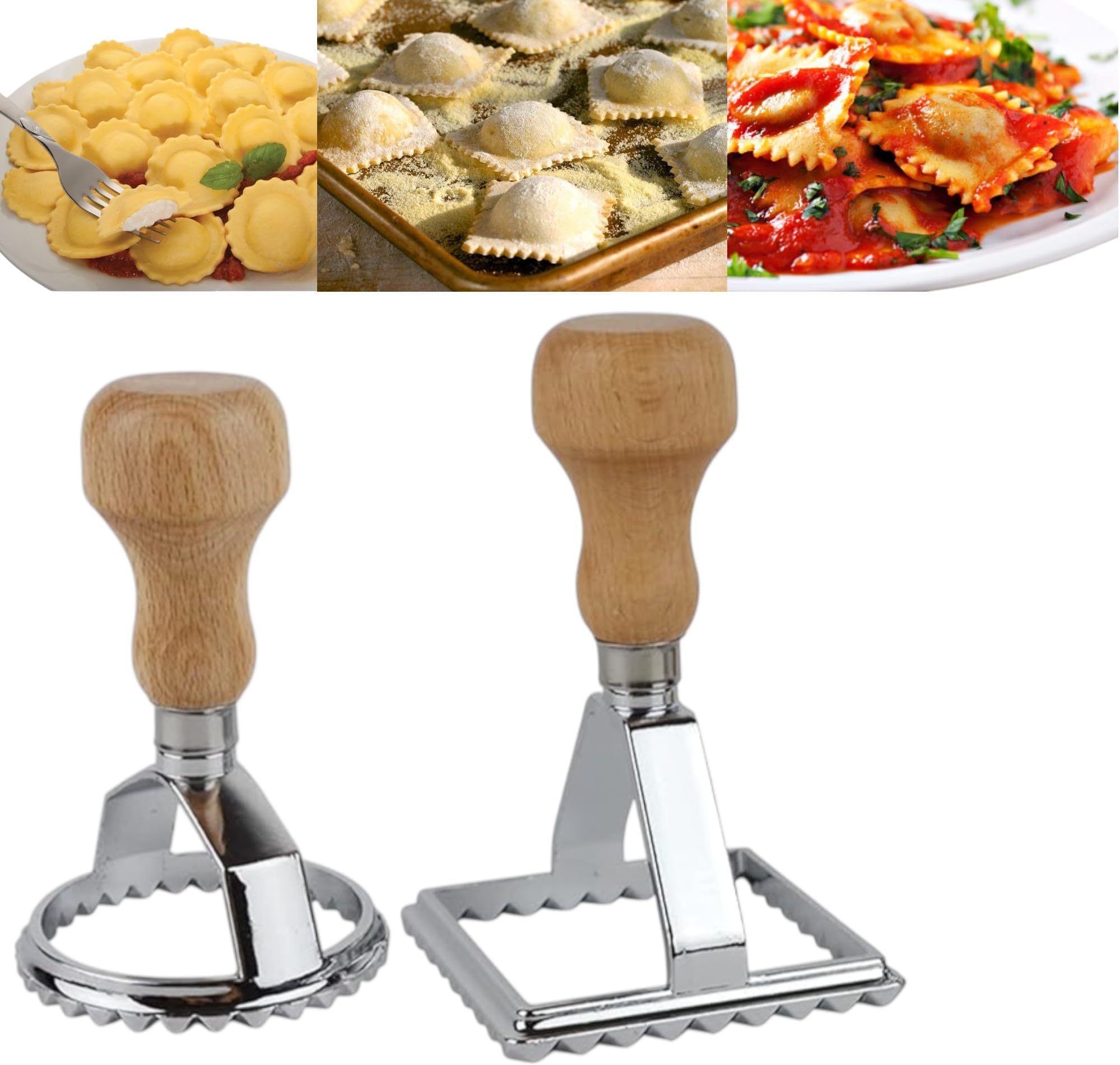 THWยฎ Ravioli Maker Cutter Stamps Set Round & Square Shape Ravioli Masker - Large Size Aluminum Press with Wooden Handle and Fluted Edge, Set of 2