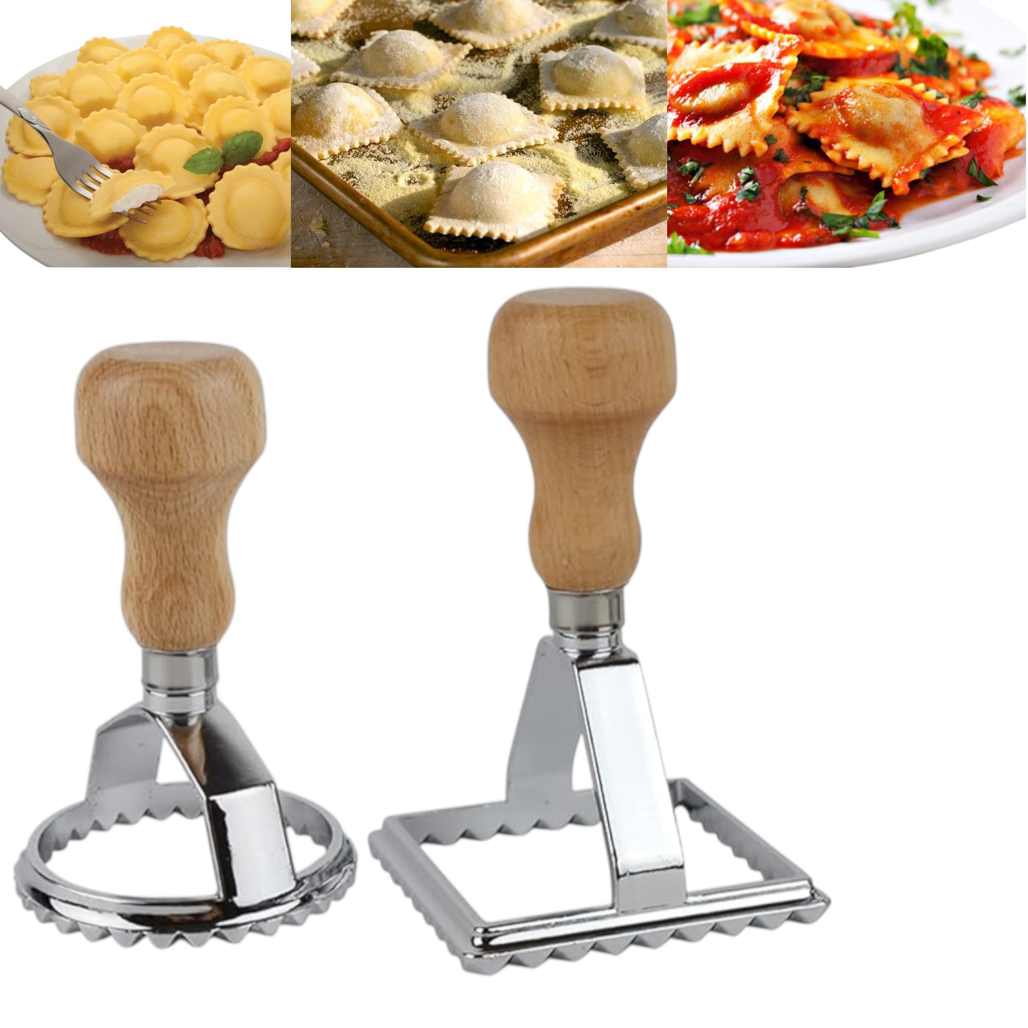 THW® Ravioli Maker Cutter Stamps Set Round & Square Shape Ravioli Masker - Large Size Aluminum Press with Wooden Handle and Fluted Edge, Set of 2