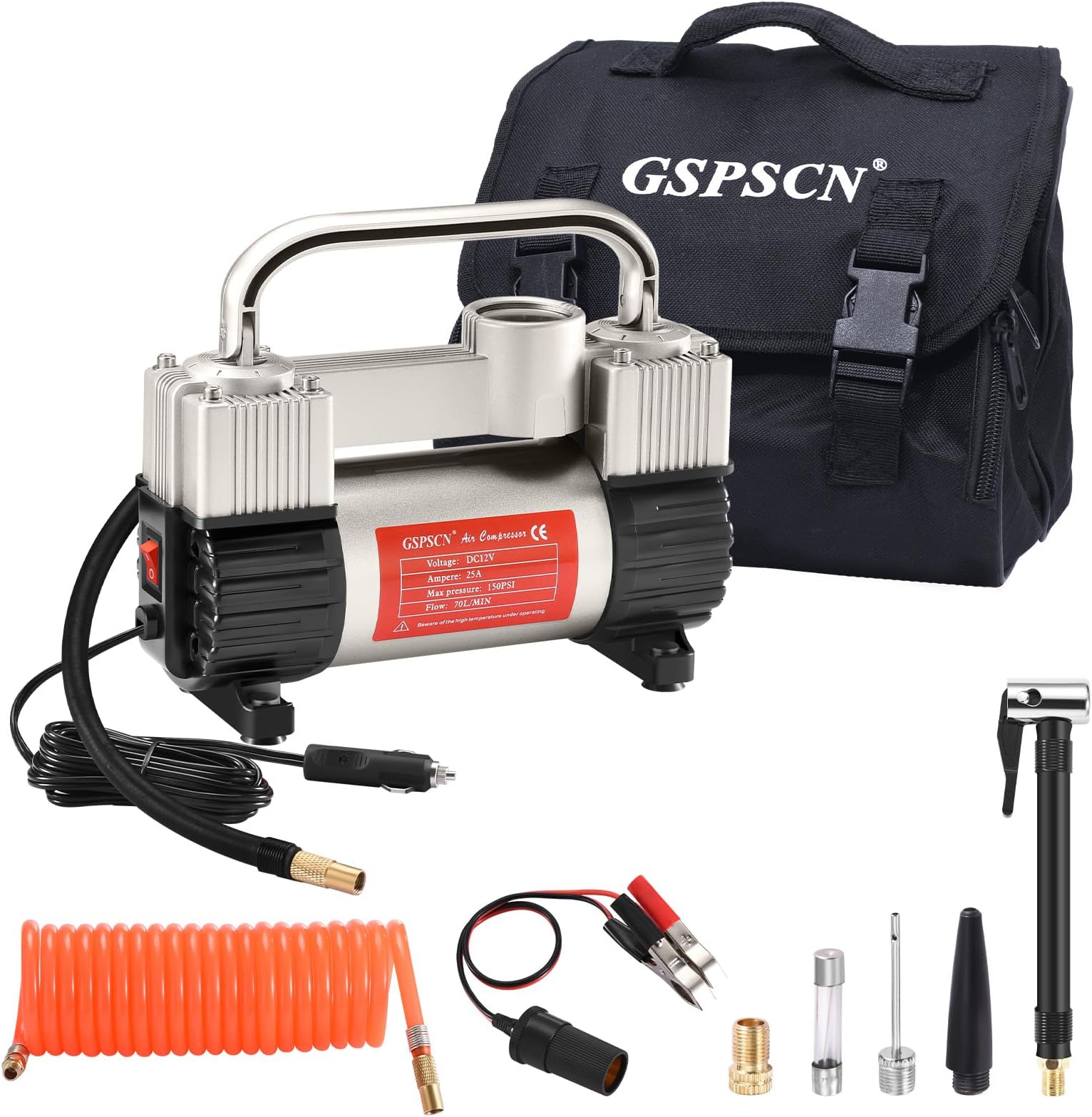 GSPSCN Silver Tire Inflator Heavy Duty Double Cylinders with Portable Bag, Metal 12V Air Compressor Pump 150PSI with Adapter for Car, Truck, SUV Tires, Dinghy, Air Bed etc