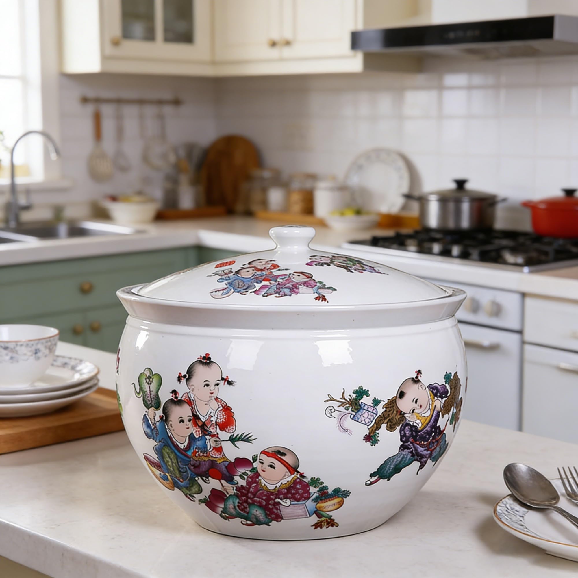 MMleYN 5/10KG Ceramic Rice Bucket With Lid Airtight Grain Dispenser Multi-Purpose Storage Container For Rice Coffee Nuts Snacks Tea Kitchen(D,5kg)