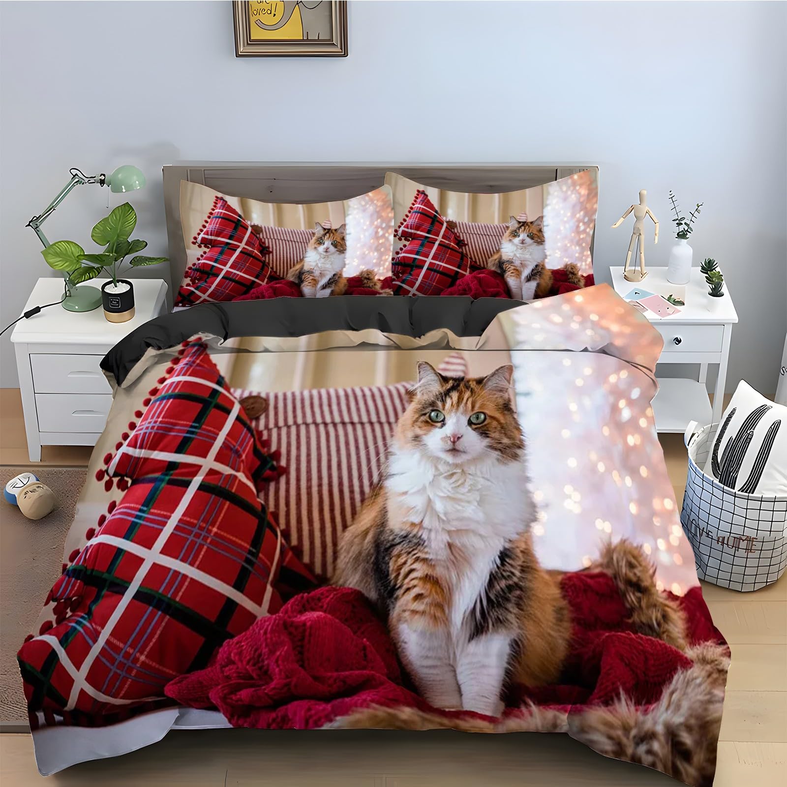 Housse de couette chat 90x190 cm avec 2 taies d'oreiller en microfibre douce kz770