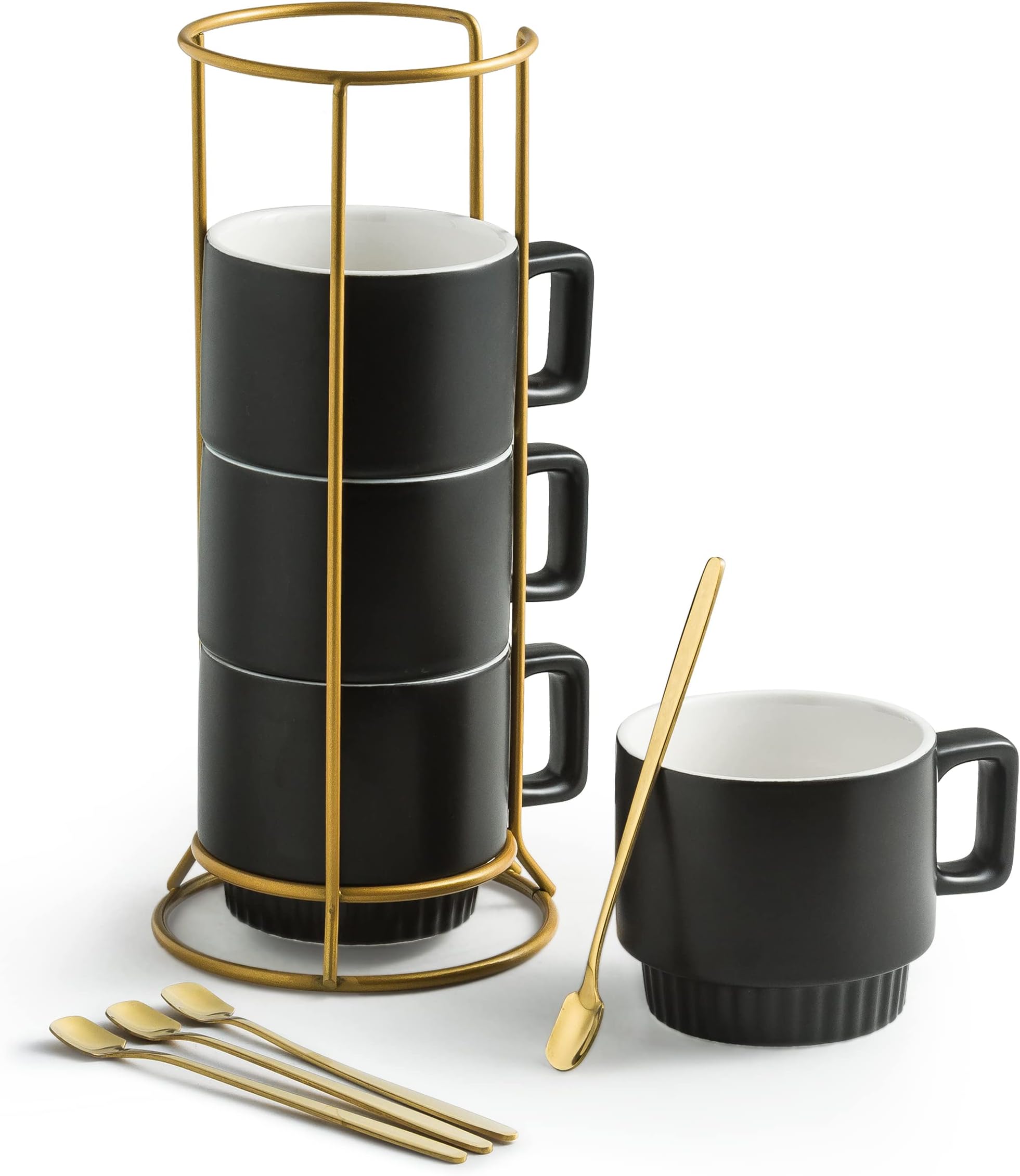 LAUCHUH Juego De 4 Tazas De Café Apilables Con Estante, Tazas De Café De Porcelana De 15 Onzas Para Té, Cacao, Leche, Tazas Para El Día Del Padre, Color Gris