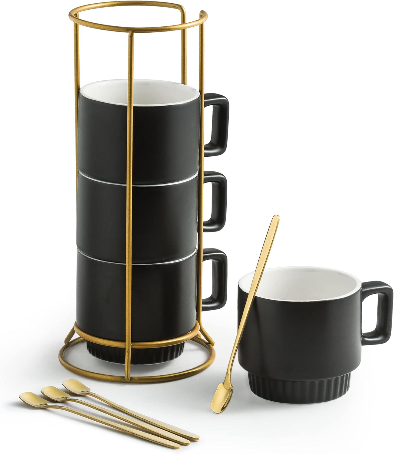 Miamolo Stackable Coffee Mugs with Stand, 11oz Ceramic Latte Cup Set of