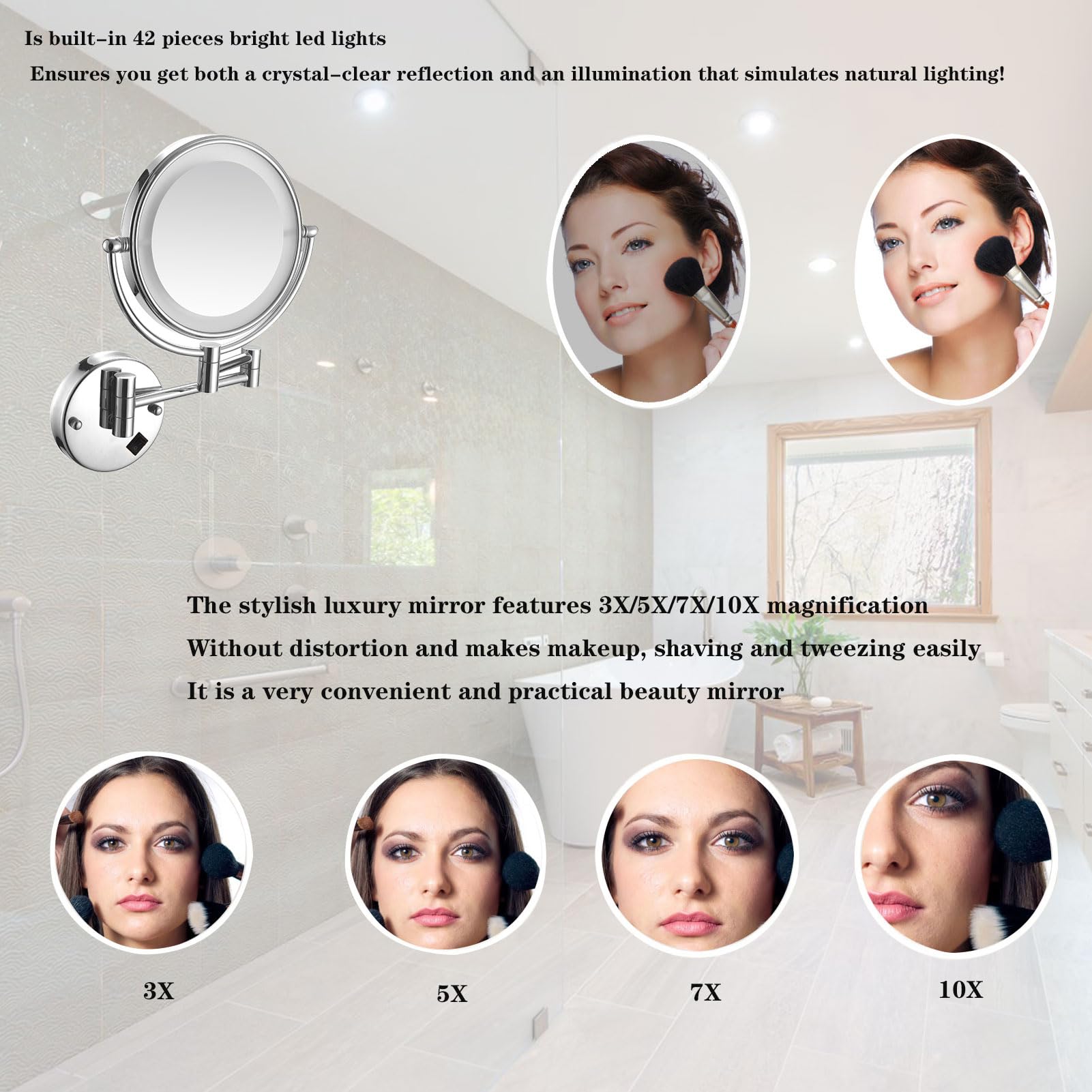Specchio Cosmetico da Parete, Doppio Faccia Pieghevole Specchio Bagno, Specchio per Il Trucco con Luce LED, Specchio Cosmetico Ingranditore, per Il Trucco (Rose Gold Charge 10X)