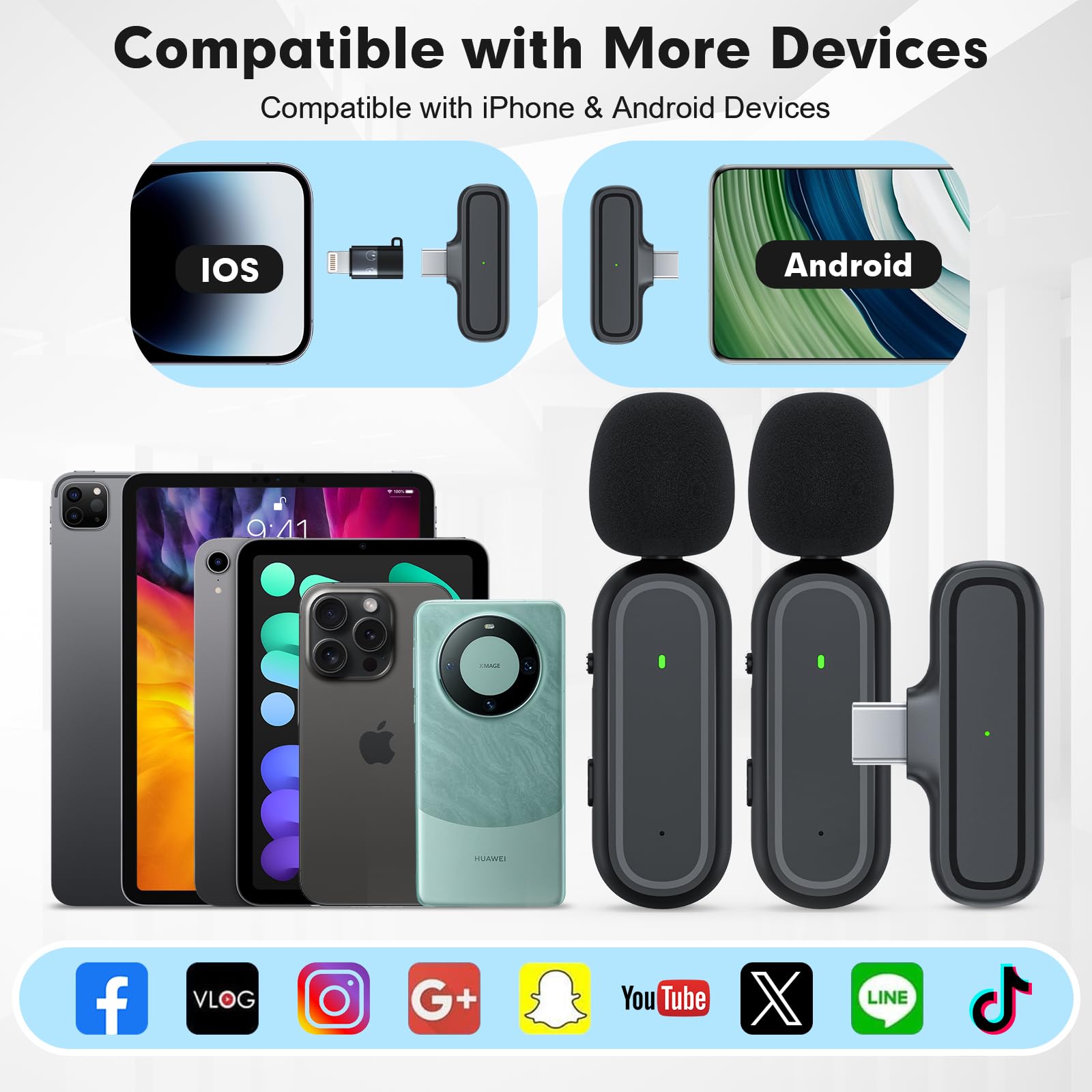 Microfono Lavalier wireless per iPhone Android Camera USB-C con custodia di ricarica, cancellazione del rumore, mini microfono wireless per YouTube, TikTok, Vlog, Game Live Streaming, interviste