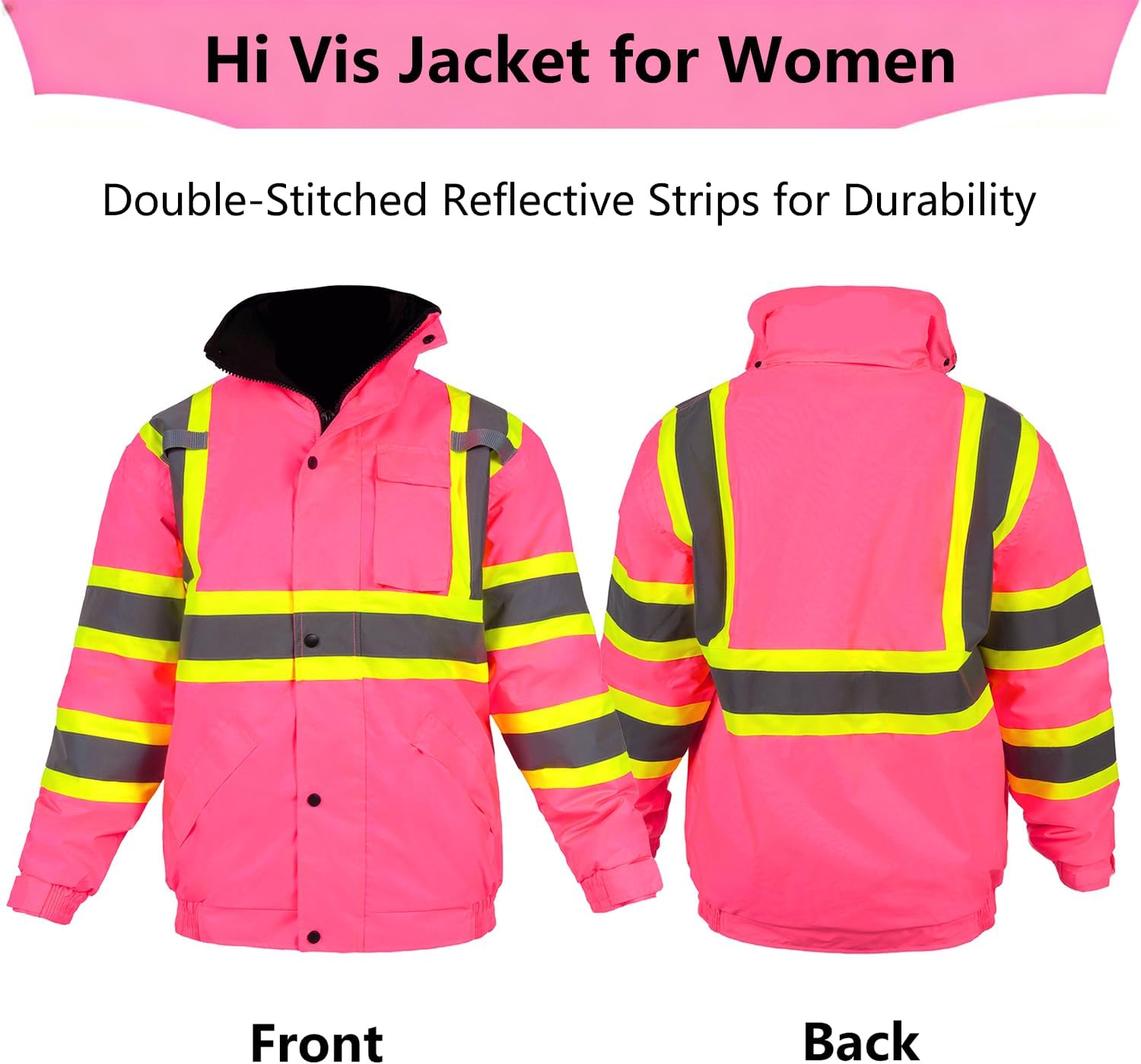Hi Vis Safety Jacket for Women Winter ANSI Waterproof Pink Reflective Rain Bomber with Hood & Pockets - Image 2