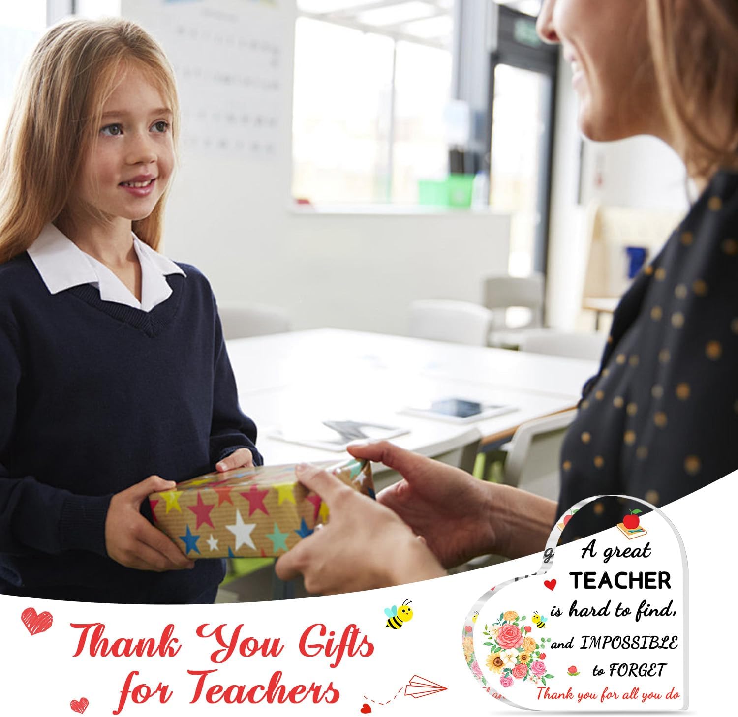 Teacher Valentine Gift, Valentines Day Gifts for Teachers, Teacher Appreciation Gifts - Acrylic Heart Shape Plaque 4×4 in, End of Year Teacher Gifts, Teacher Retirement Gifts for Women Men - Image 4